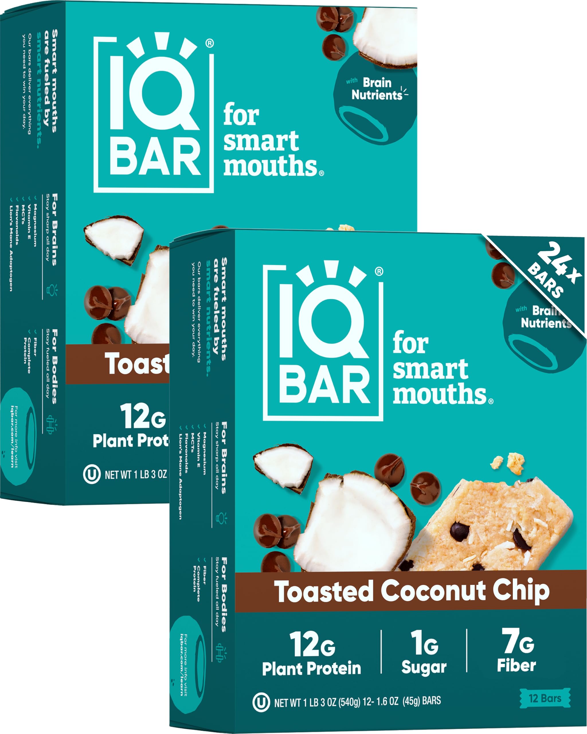 IQBAR Clean Plant Protein Bars - Toasted Coconut Chip - 24 Count - Keto, Vegan, High Fiber, Gluten and Dairy Free, Low Sugar Snack - Brain and Body Nutrients for Focus, Energy, Meal Replacement