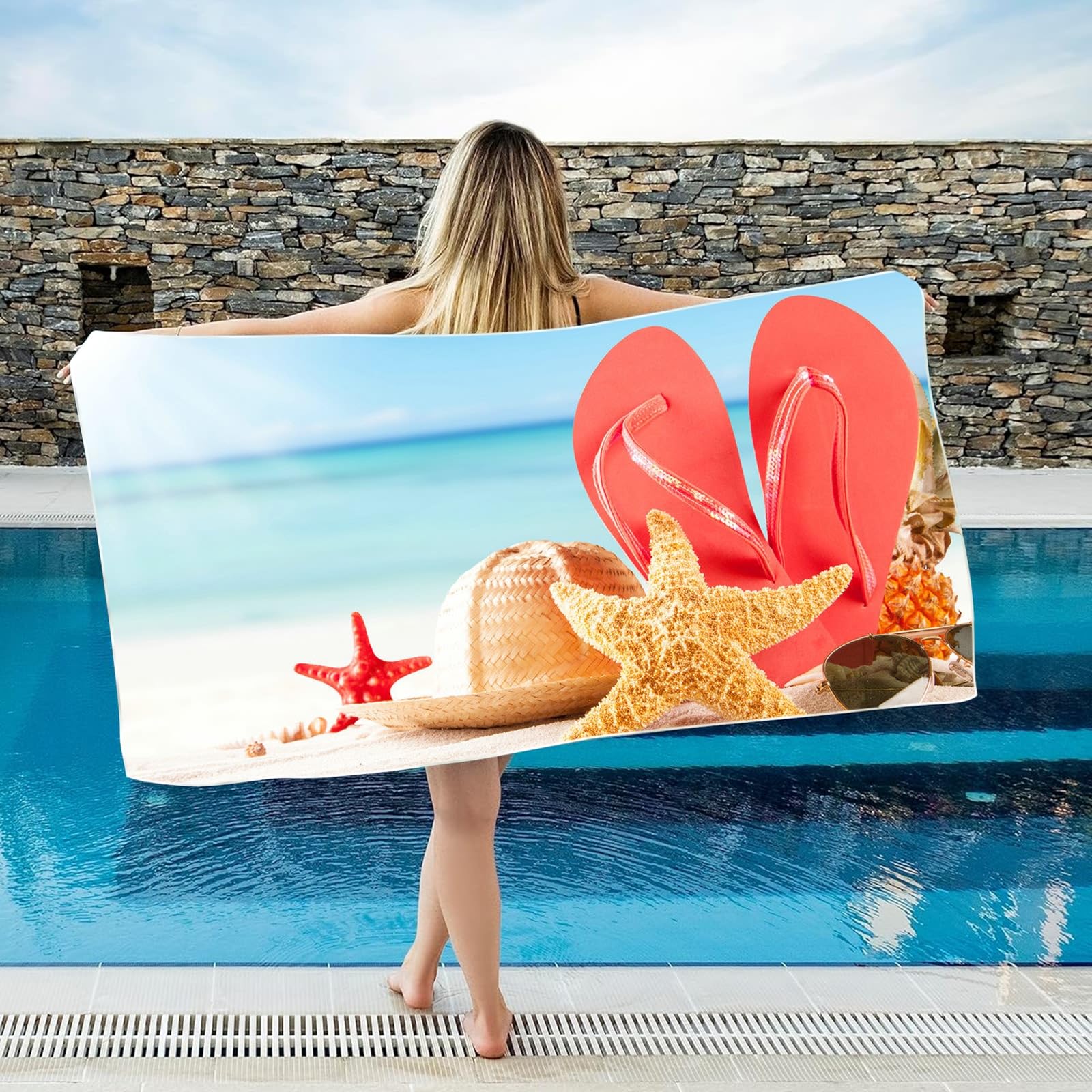 AMDXD Toallas de playa coloridas, impresas con sombrero de paja, pantuflas y estrellas de mar, toalla de playa, microfibra, toalla de baño sin arena, toalla de rizo para fitness, viajes, playa