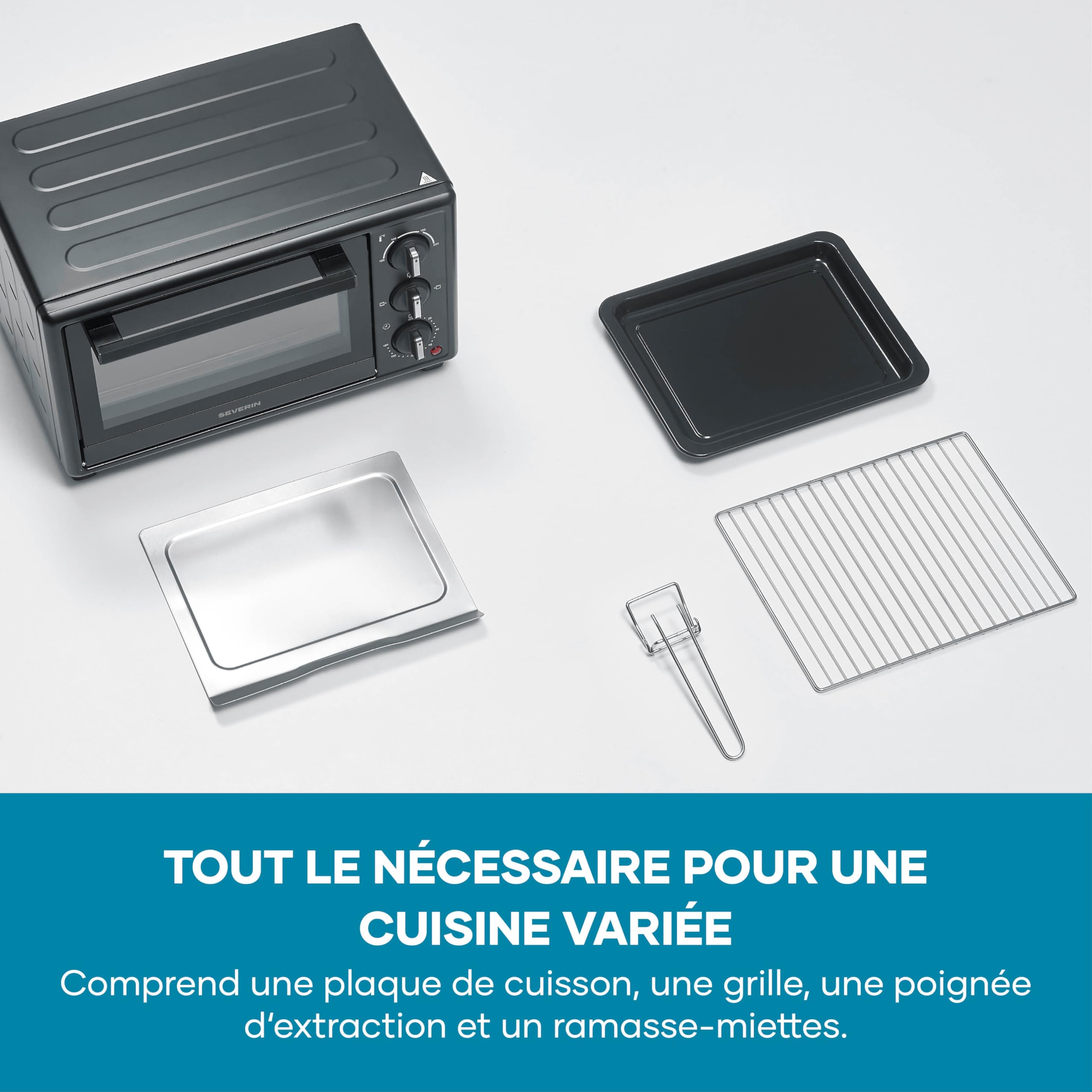 SEVERIN Four posable 20 L, avec grille et plaque de cuisson incluses,1 600 W, thermostat jusqu'à 230 °C, design simple et élégant, Mini-four électrique avec minuteur 120 min, Noir, TO 2078