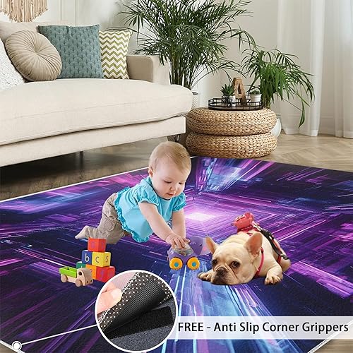 Miniatura 5 de Cyberpunk - Alfombras de túnel para dormitorio, alfombra de pasillo digital, alfombras de paisaje urbano neón para sala de estar, alfombra