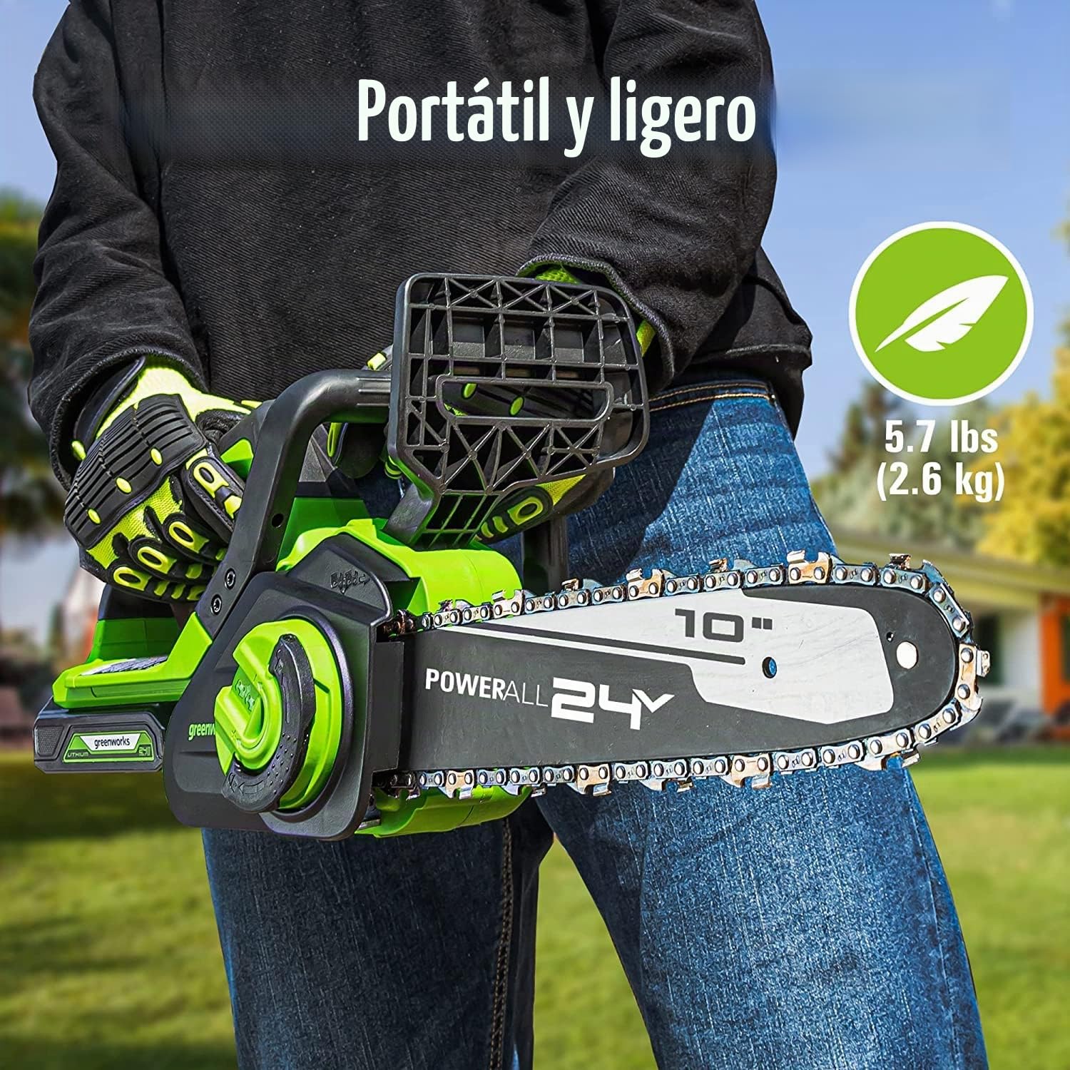 Greenworks 24V 10in Motosierra Eléctrico sin Cable con Batería de 2Ah y Cargador, Velocidad de Cadena 4,3 m/s, Auto-Aceitero, Motosierra de Batería con Protección Contra la Retracción