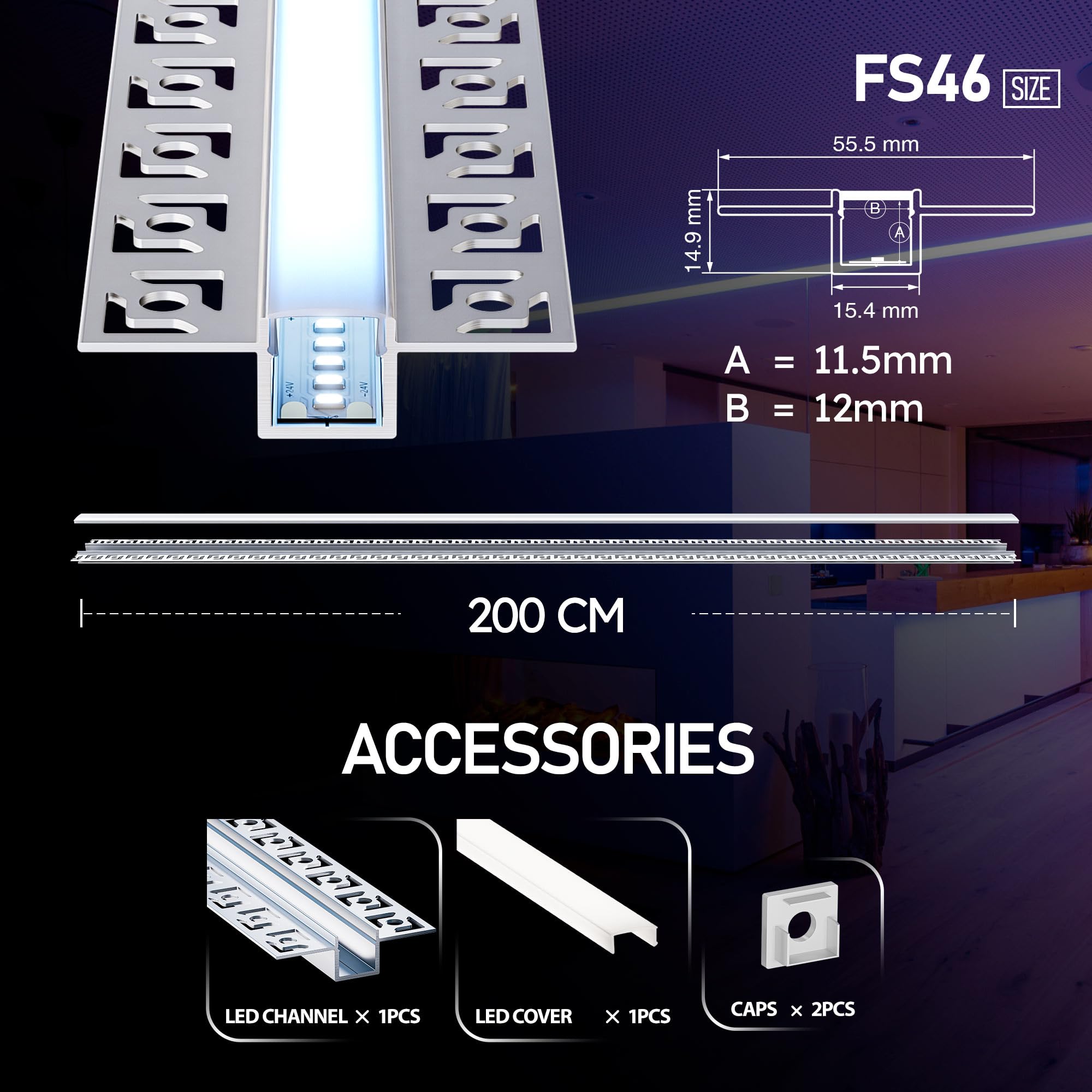 LED Aluminium Profil Einbau 2000×55,5×14,9mm für LED Strip ≤12,9mm Alu Profil Gipskarton Trockenbau, Einbauprofil Aluminium mit PC Abdeckung Endkappen Schiene flächenbündig für Wand Decke (6×2m=12m)