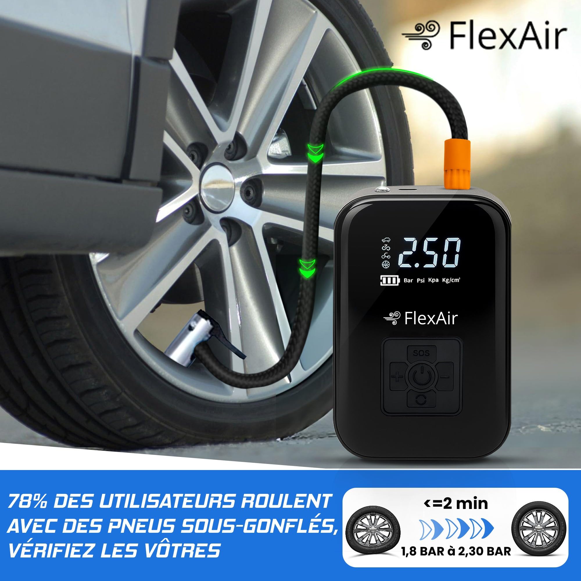 FLEXAIR – Gonfleur Pneus Voiture & Pompe Vélo Électrique Rechargeable | Compresseur à Air Portatif sans Fil | Mini Souffleur Puissant pour Ballon, Moto, VTT & Accessoires de Gonflage