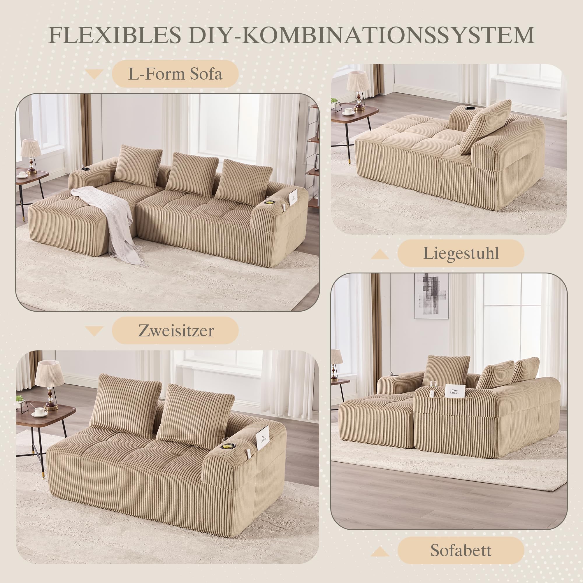 Soweiz Sofá compacto de pana – Sofá modular suave con bolsillo lateral y soporte para bebidas, comodidad para sentarse durante mucho tiempo, incluye 3 almohadas. Para salón, estudio y más (caqui)