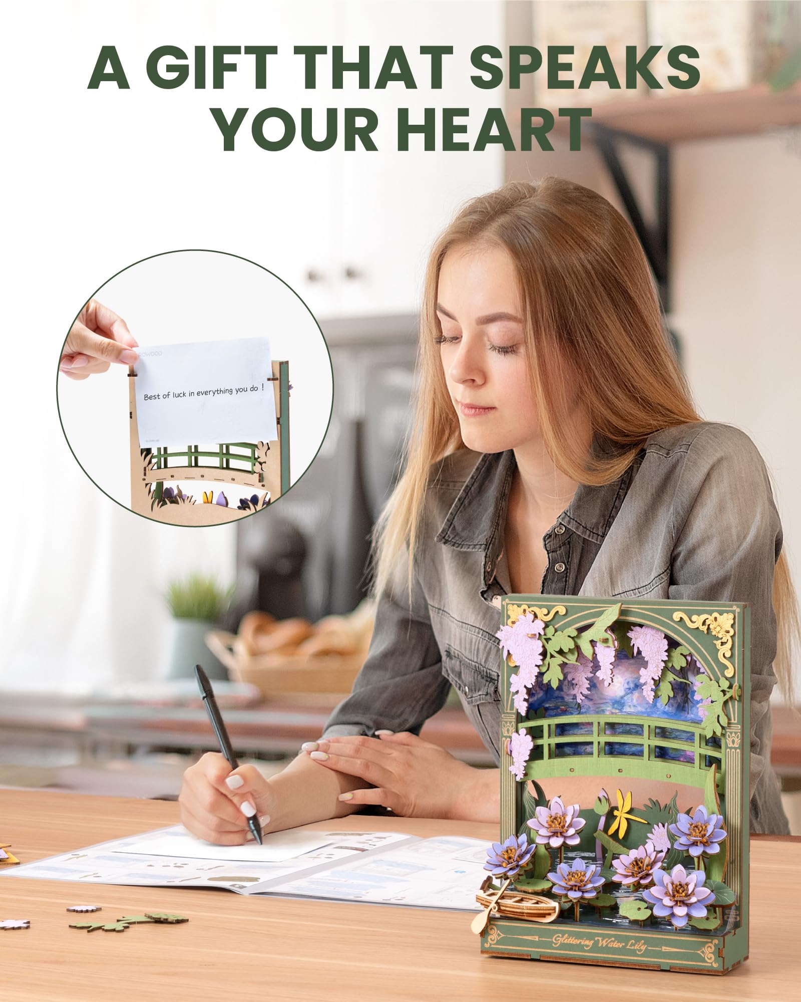 ROWOOD TH001 Waterlelie 3D Houten puzzel voor volwassenen en kinderen met LED-licht, bloemmodelkits, tafelbladdisplay, muurdecoratie, puzzelcadeaus voor vrouwen en mannen