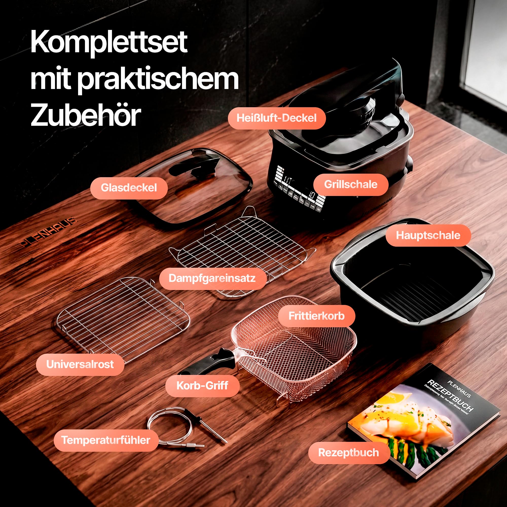 Multikocher mit Heißluftfritteuse & Grill 8L – 14 Programme, 2 Deckel (Glas & Grill), Air Fryer, Backen, Dampfgaren, Sous Vide, Dörren, Warmhalten