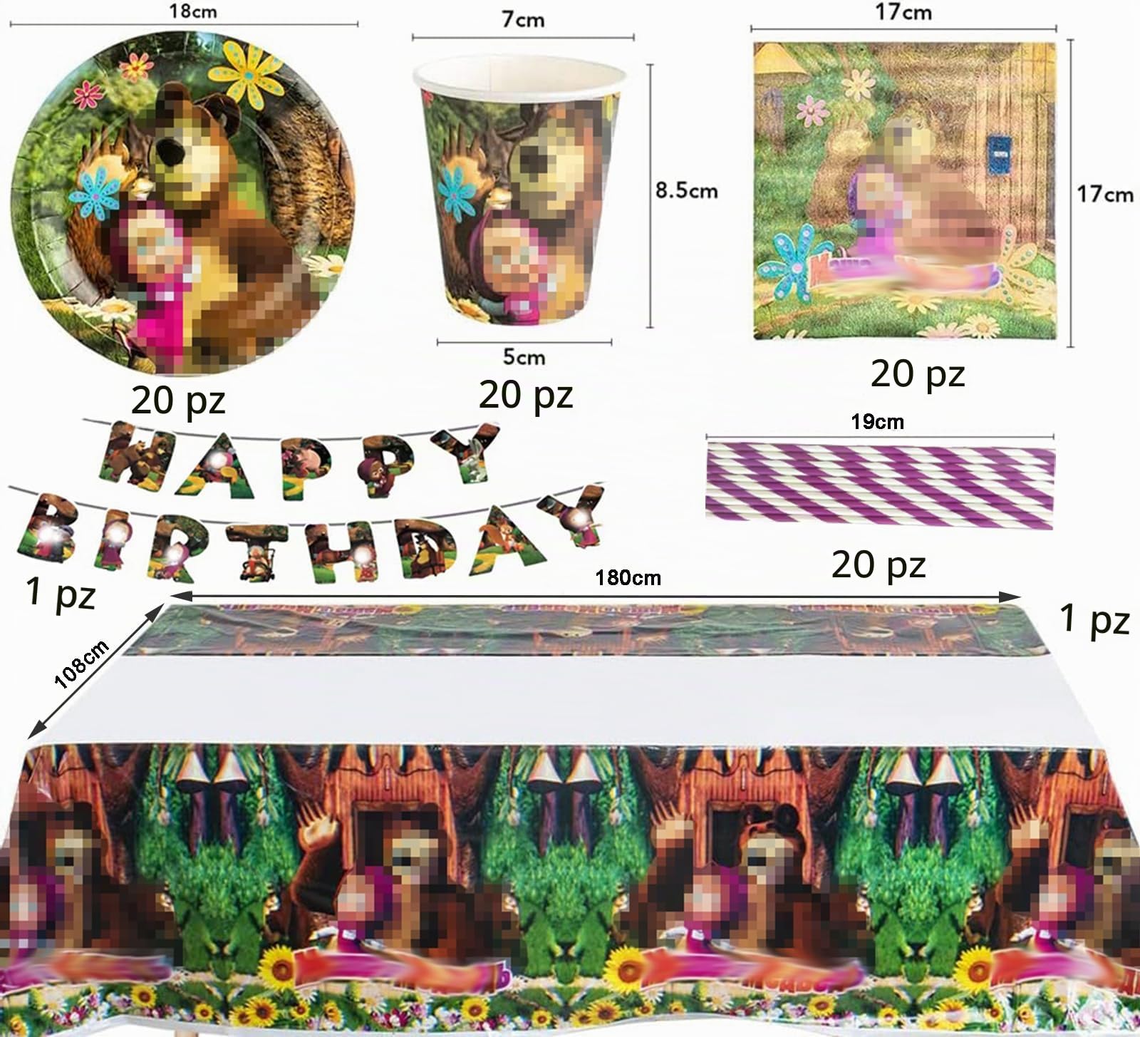 129 Pezzi Stoviglie Compleanno Per 20 Clienti, Orso Compleanno, Addobbi C-ompleanno, Orso C-ompleanno Palloncini Piatti Bicchieri di Carta Tovaglioli Tovaglia