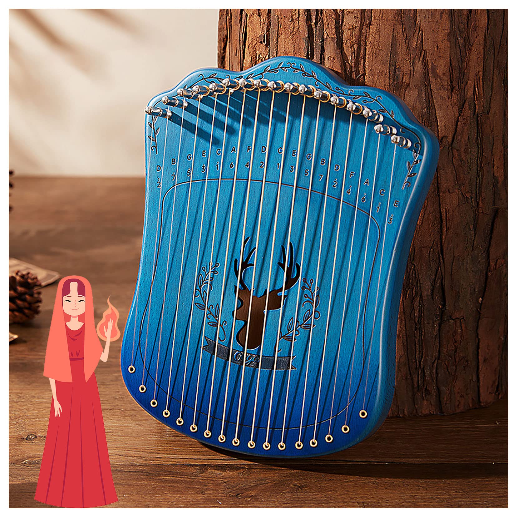 Metall Mahagoni Leier Harfe, Lyre Instrument Tragbare Harfe Instrument Mahagoni mit Stimmschlüssel und Tragetasche, Lyre Harfe für Kinder/Anfänger/Erwachsene Speakers Blue