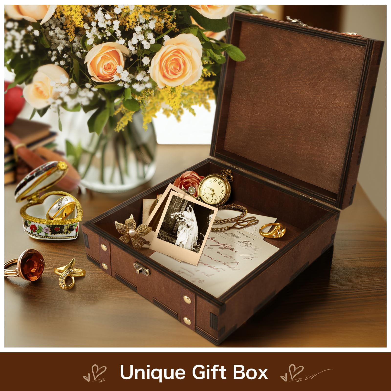 MACEVIA Caja de recuerdo con grabado de árbol de la vida, organizador de fotos, caja de recuerdos de madera, caja de tarot, caja de bruja, almacenamiento decorativo, ideas de regalo únicas para
