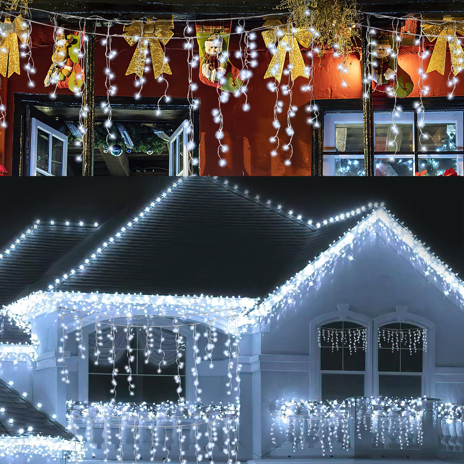Rideaux Lumineux Extérieur, 600LED 15m Guirlande Lumineuse Rideau 8 Modes en Fonction Mémoire,Etanche IP44 Décoration Intérieure/Extérieur de Fenêtre Fête Mariage Noël (Blanc Froid)