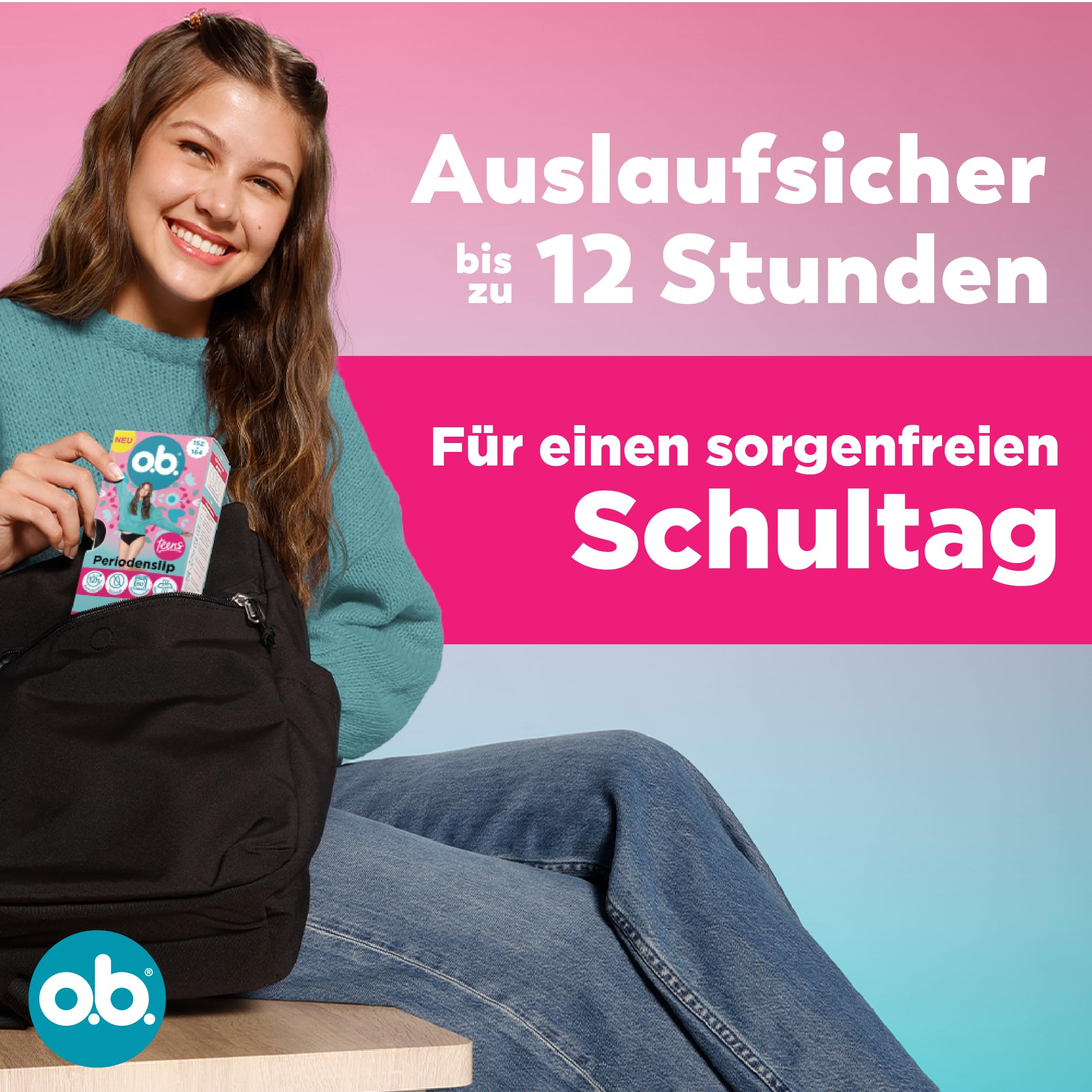 o.b. Teens Periodenslip, 3 Stk | Wiederverwendbare Periodenunterwäsche, speziell für Teens entwickelt, bietet Schutz für eine starke Periode, Größe 152-164