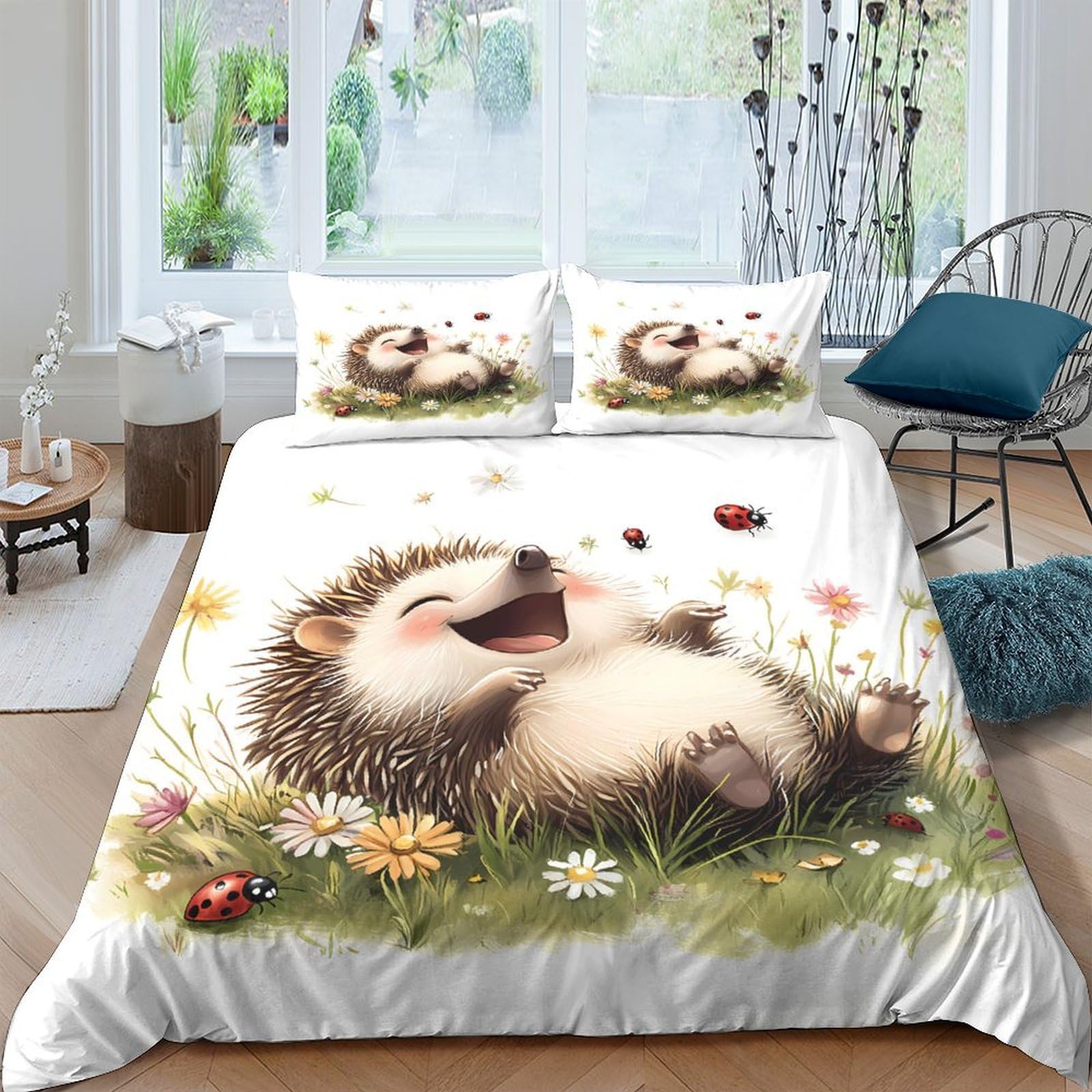 Ctjqhvkz Style-7 3D Printed Laughing Hedgehog Fitted Sheet Microfiber Soft Grassland Flowers Mattress Cover Bedroom Decor Anti-Slip Machine Washable Single（135X200cm）