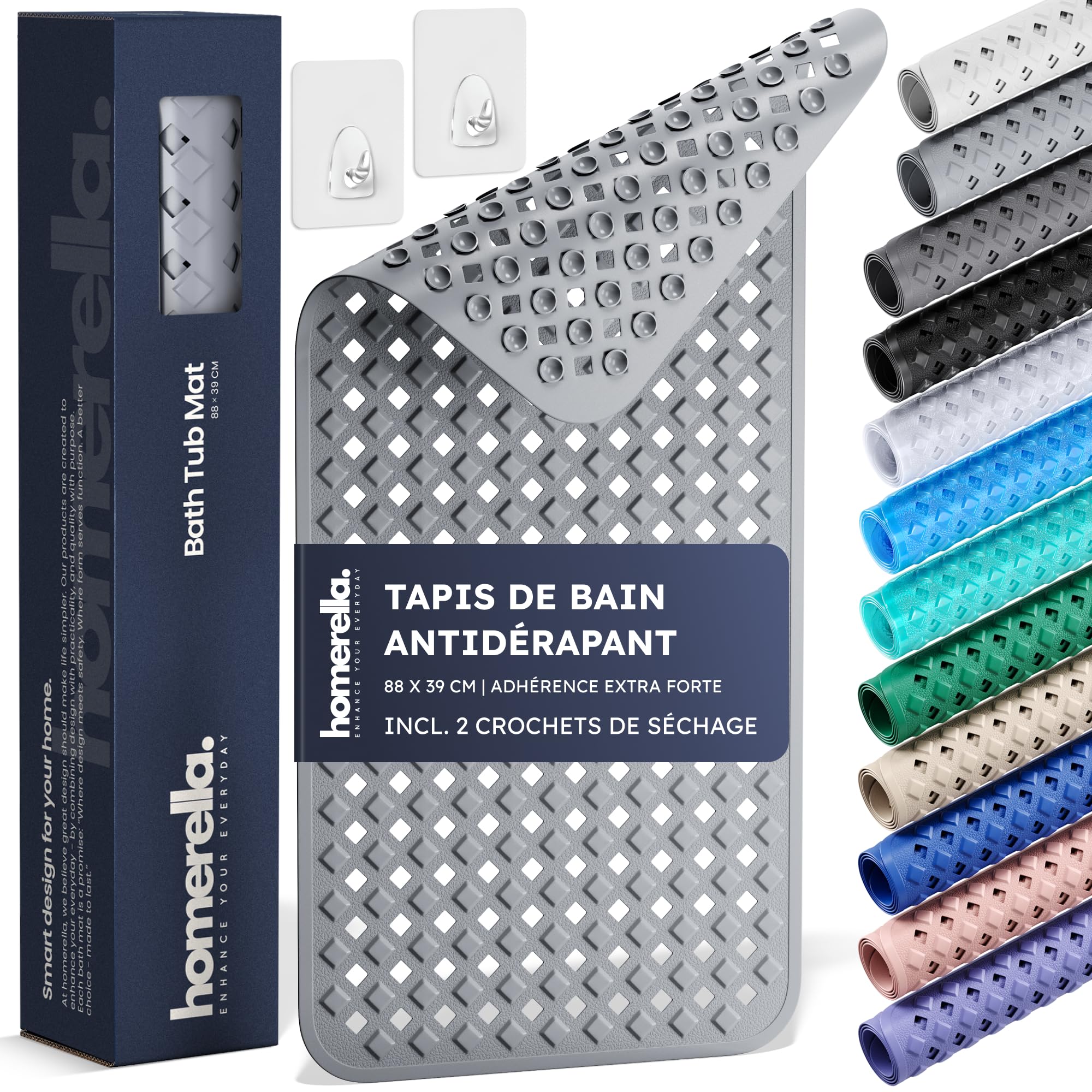 homerella® Tapis de Bain Antiderapant 88x39cm, Fixation INCL., Tapis de Baignoire antidérapant, Tapis antidérapant Baignoire et Douche, résistant aux moisissures Lavable en Machine & sans BPA