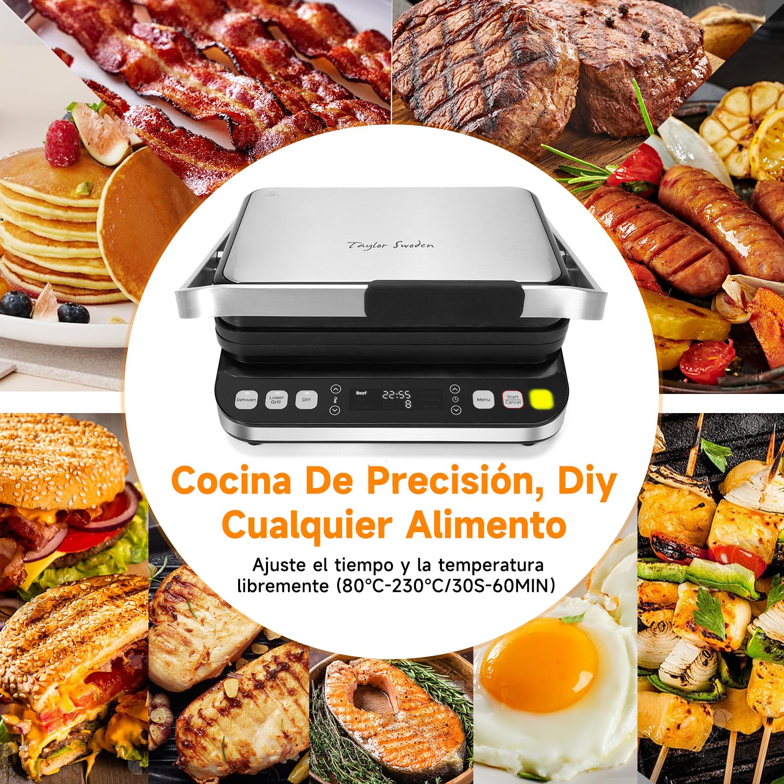 Taylor Swoden Parrilla Eléctrica 9 en 1 2000W, Sandwichera Grill con 3 Modos de Control de Temperatura Independiente, 6 Programas Automáticos y Apertura 180°, Placas Antiadherentes Desmontables