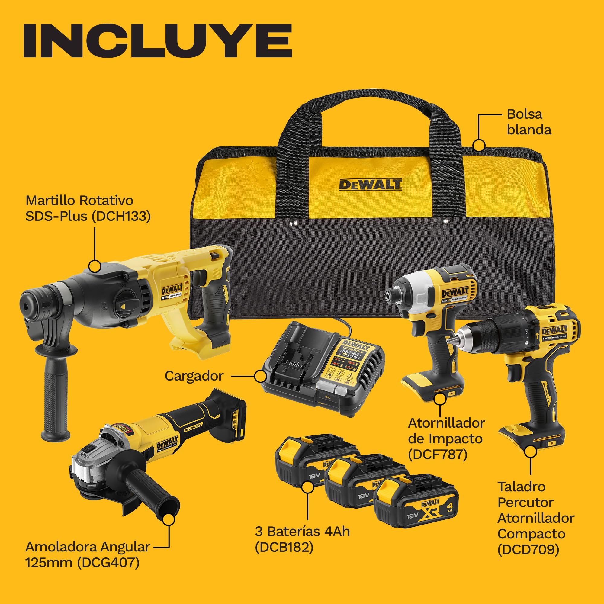 DEWALT Kit Combo 18V de 4 Herramientas (Taladro Percutor Compacto, Atornillador de Impacto, Martillo Rotativo SDS-Plus 18V, Amoladora Angular 125mm) con 3 Baterías de 4Ah en Bolsa Blanda, DCK424M3-QW