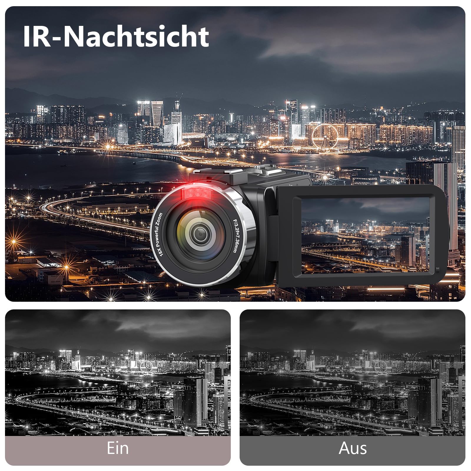 Videokamera 4K Camcorder HD 80MP IR-Nachtsicht Vlogging Kamera für YouTube, Webcam Camera mit 18-Facher Digitalzoom, 3.0’’ 270° Drehung IPS Bildschirm 30FPS Videokamera mit 32GB SD-Karte und 2 Akkus