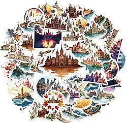 35 peças arquitetura marco castelo palácio histórico adesivo de PVC adesivos históricos adesivos arquitetônicos detalhados para telefone faça você mesmo, guitarra, laptop, notebook, mala, copo