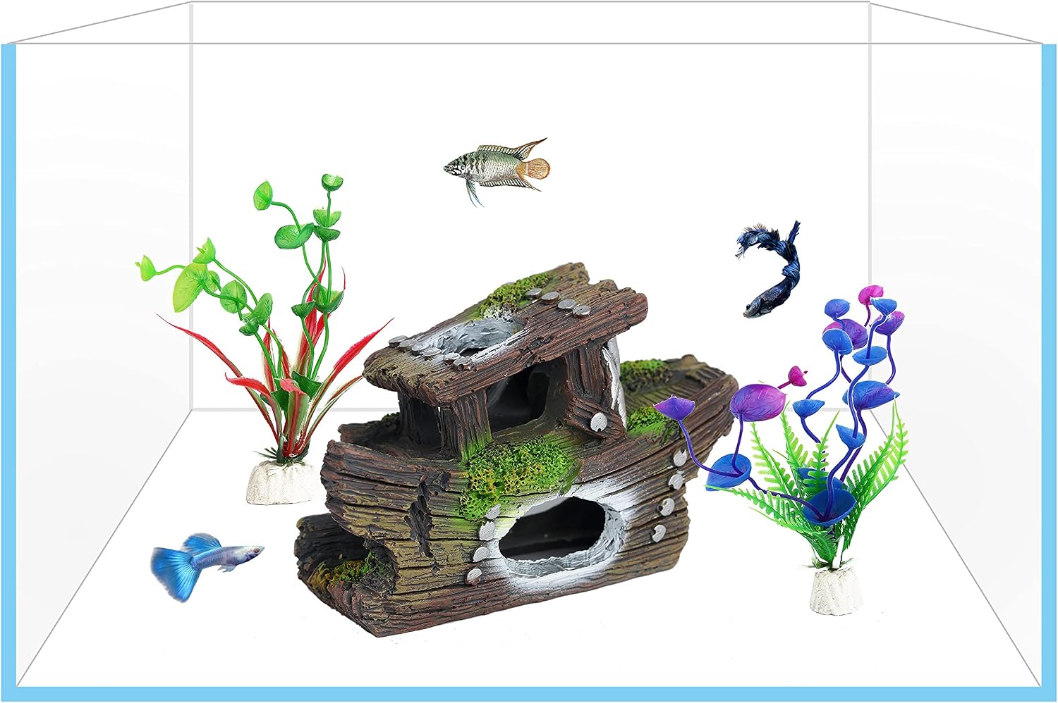 YIZHI MIAOW Small Fish Hideaway Aquarium Decoration Kit Shipwreck Fish Tank Ornament Kit Shrimp Cave for Freshwater