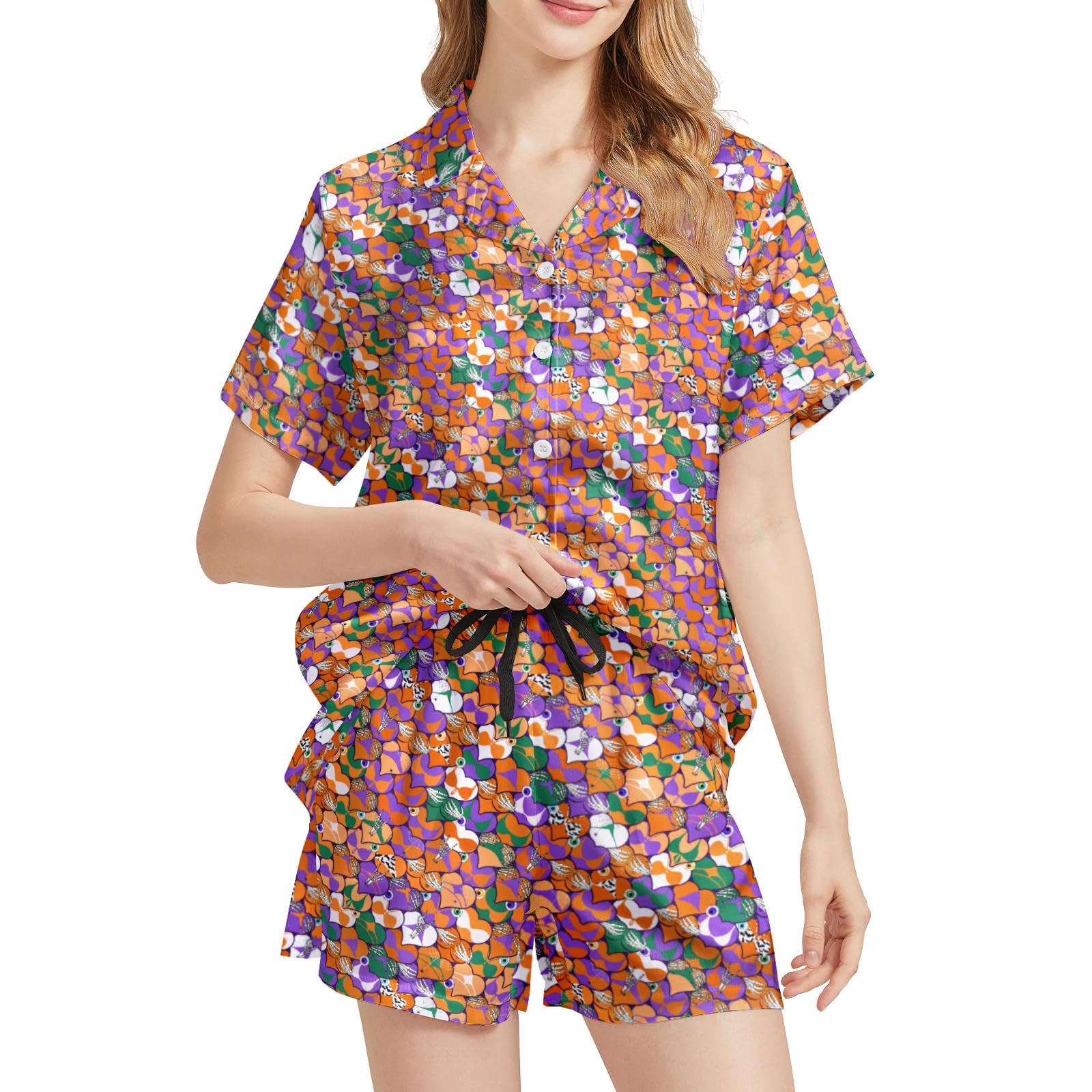 Funny Pajamas for Women Set Print Satin Loungewear Pjs Short Sleeve Button Down Top and Shorts Sets Sleepwear XS-3XL