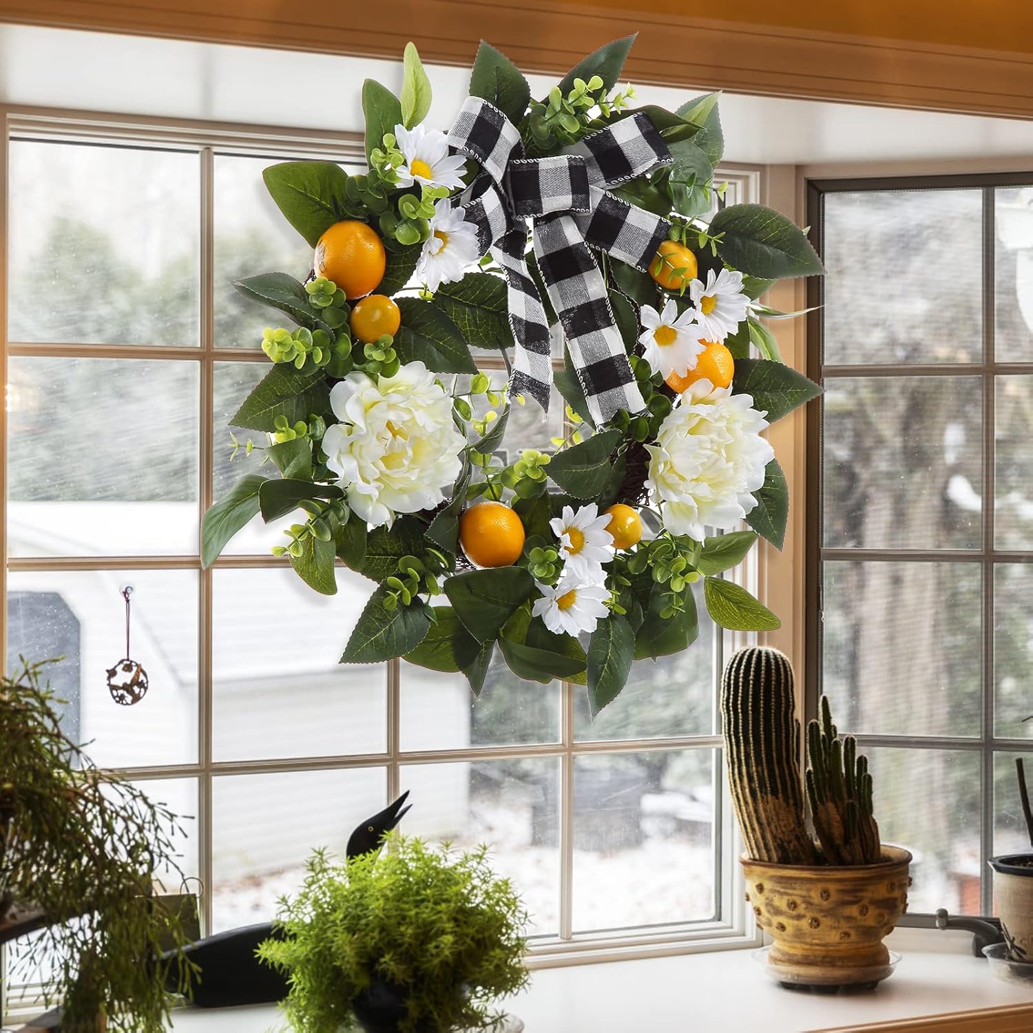 Garvee 20" Lemon Wreath for Front Door, Spring Summer Fruit Wreath with Artificial Yellow Lemon Peony Flower and Buffalo Check Bow, Lemon Decor for Farmhouse Kitchen Porch Wall Home Decor