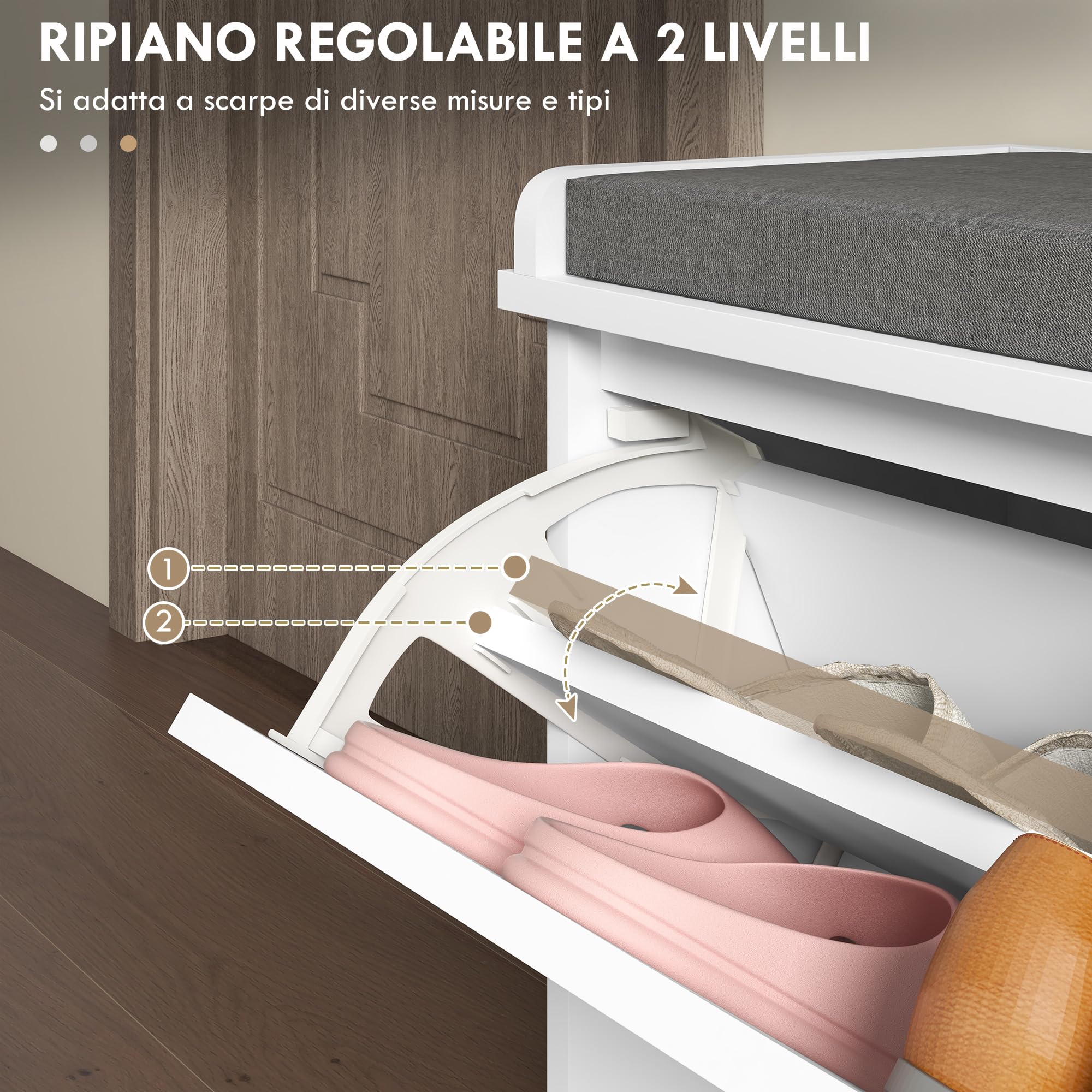 HOMCOM Panca Scarpiera con Ripiano Regolabile per 8 Paia di Scarpe e Cuscino, Scarpiera da Ingresso Salvaspazio con Cassetto Ribaltabile, Bianco