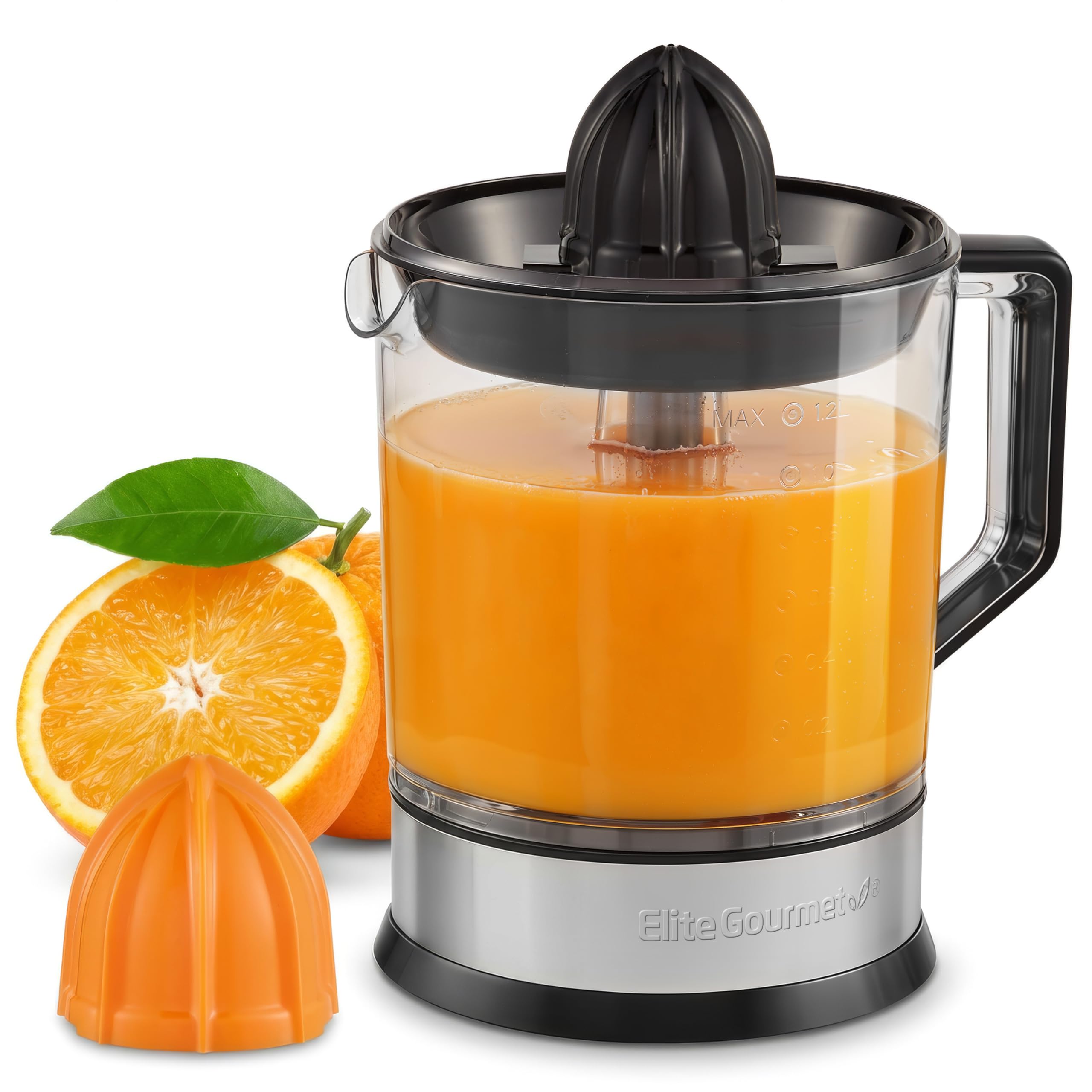 Elite Gourmet ETS740 BPA-Free 40-Watt Electric Citrus Juicer with 2 Cones, Compact, Large Volume, Pulp Control, Oranges, Lemons, Limes, Grapefruits with Easy Pour Spout, 1.2L, Black/Stainless Steel