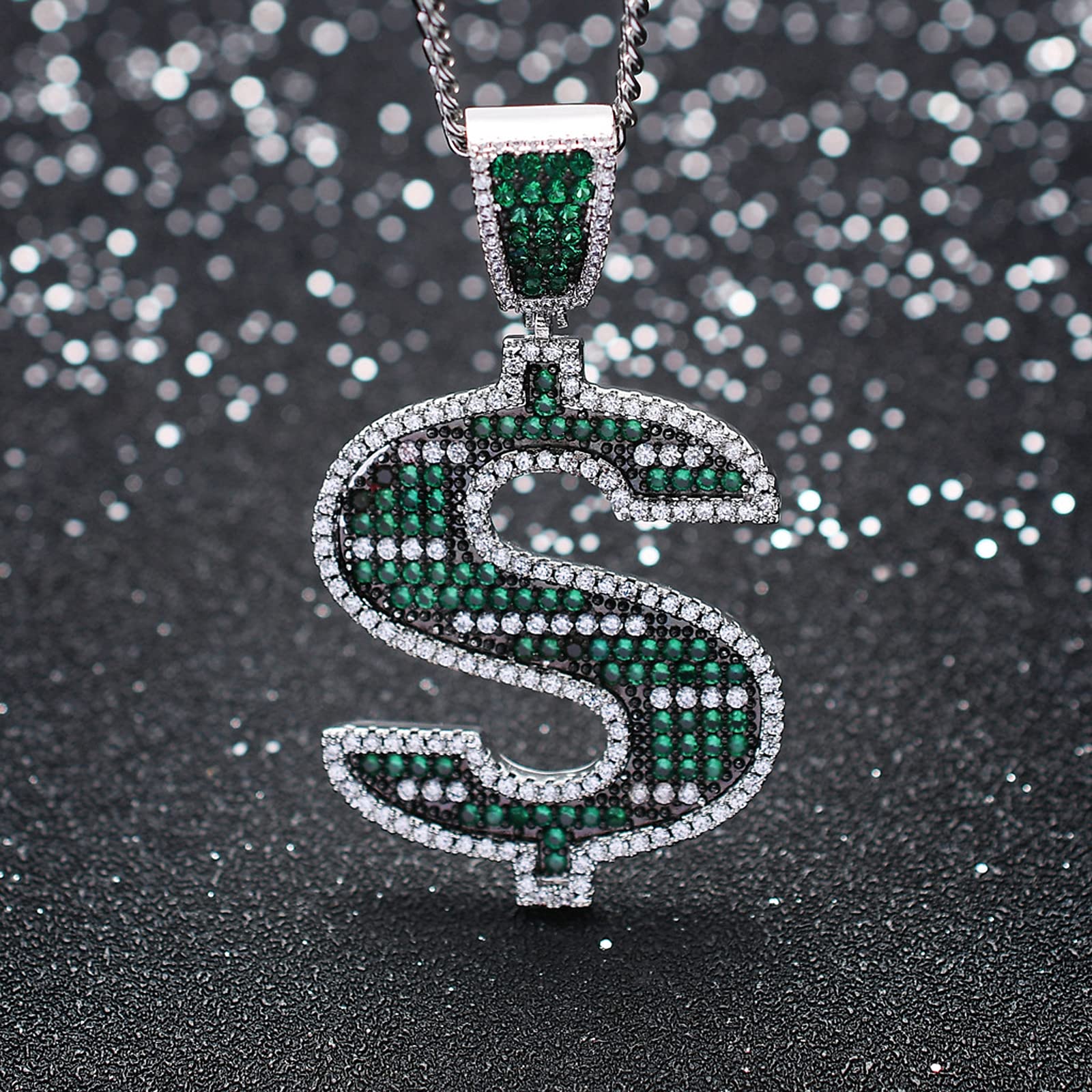 Hip Hop Green S Colgante de Signo de dólar con Micro Incrustaciones de circón Hiphop Collar de Hip Hop para Hombres de Moda