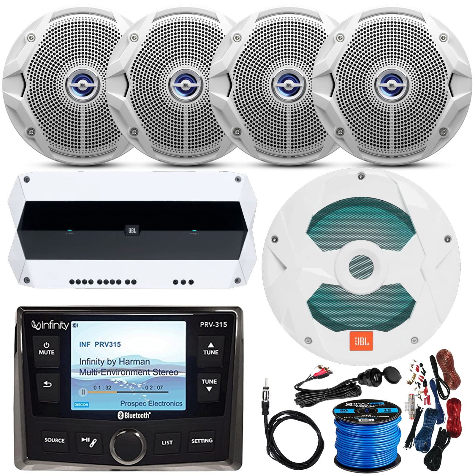 Milennia Infinity AM/FM/WB AUX USB Bluetooth Marine Digital Media Receiver, 4X 6.5 180W Dual (White), 10" LED Subwoofer, 5-Channel Amplifier w/Kit, Wire, Antenna, USB/AUX Interface