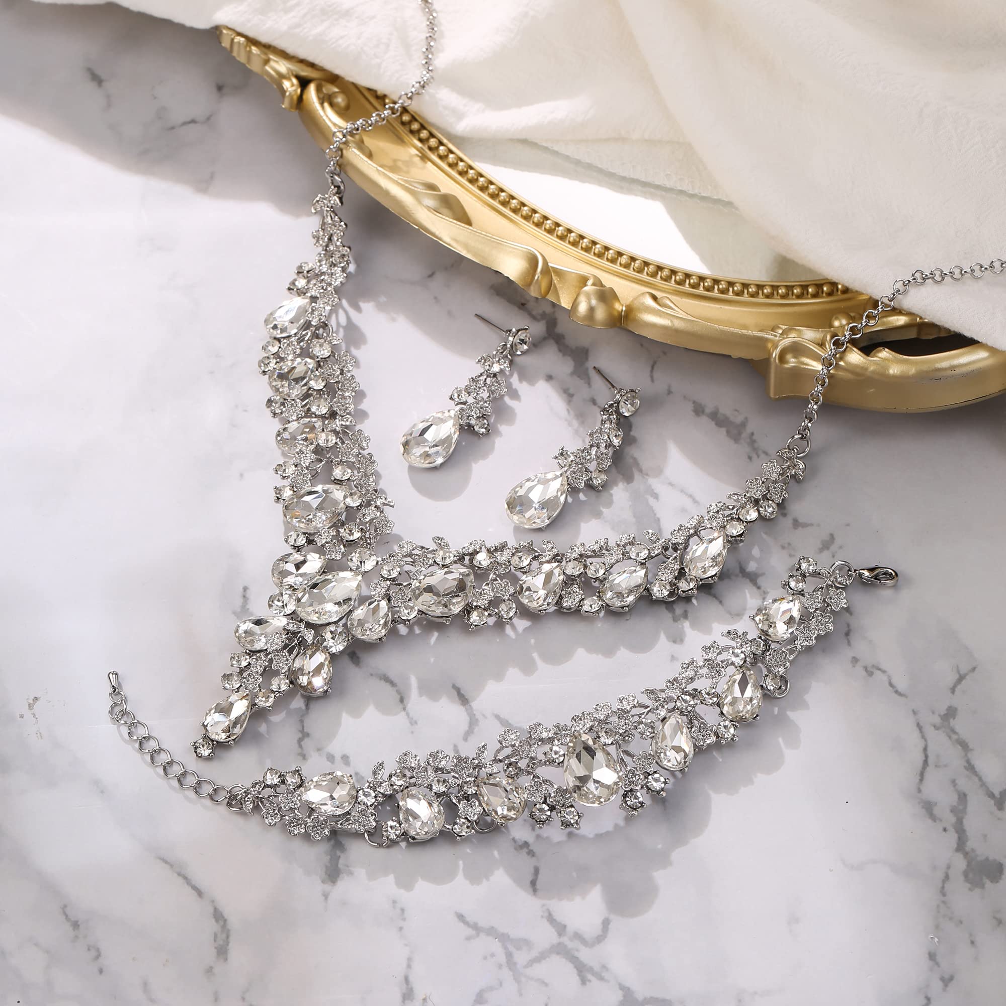Donna matrimonio sposa austriaco cristallo Teardrop fiore cluster collana orecchini e bracciale set di gioielli per ballo