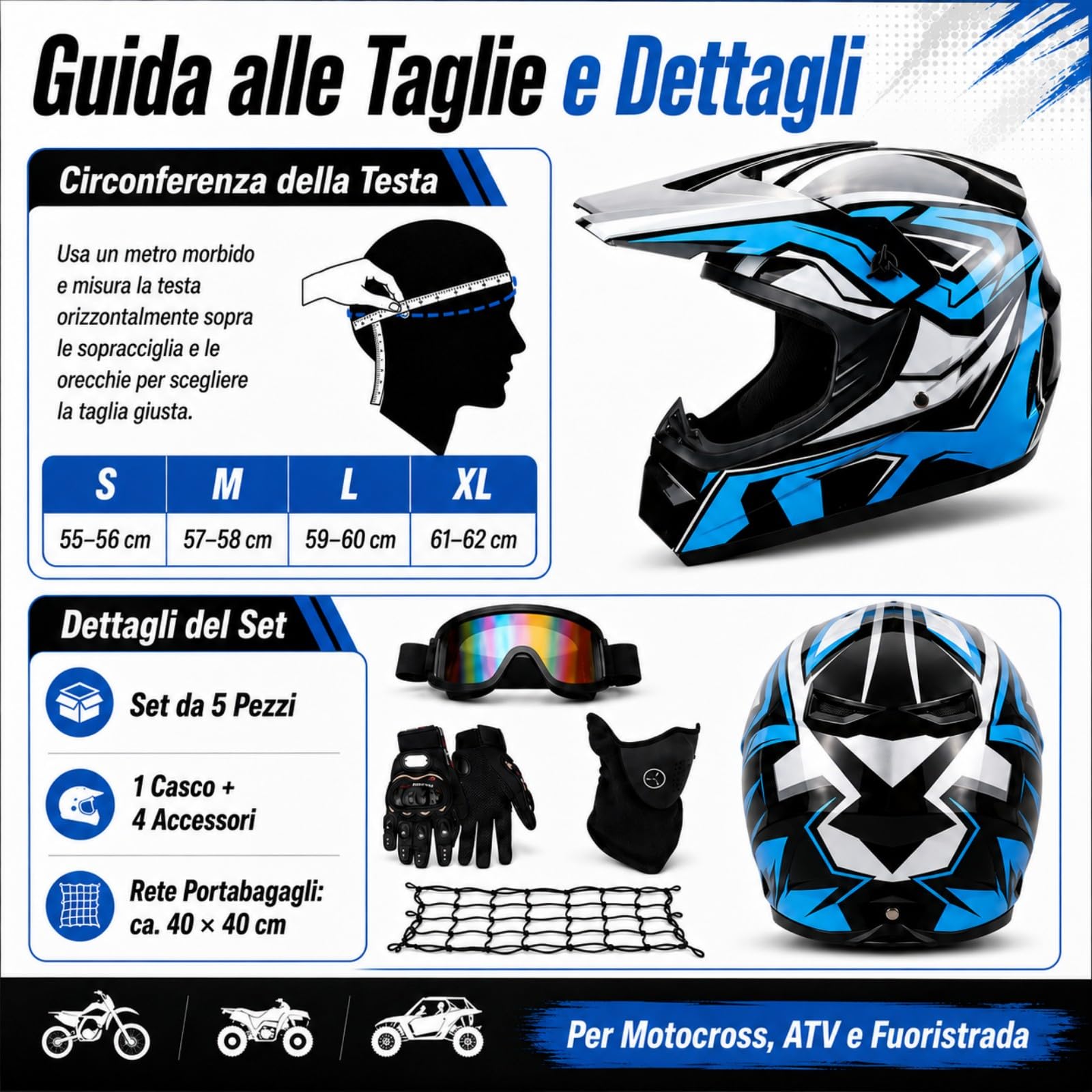 Casco Off Road Integrale bianco, nero e blu, Kit con 3 Accessori