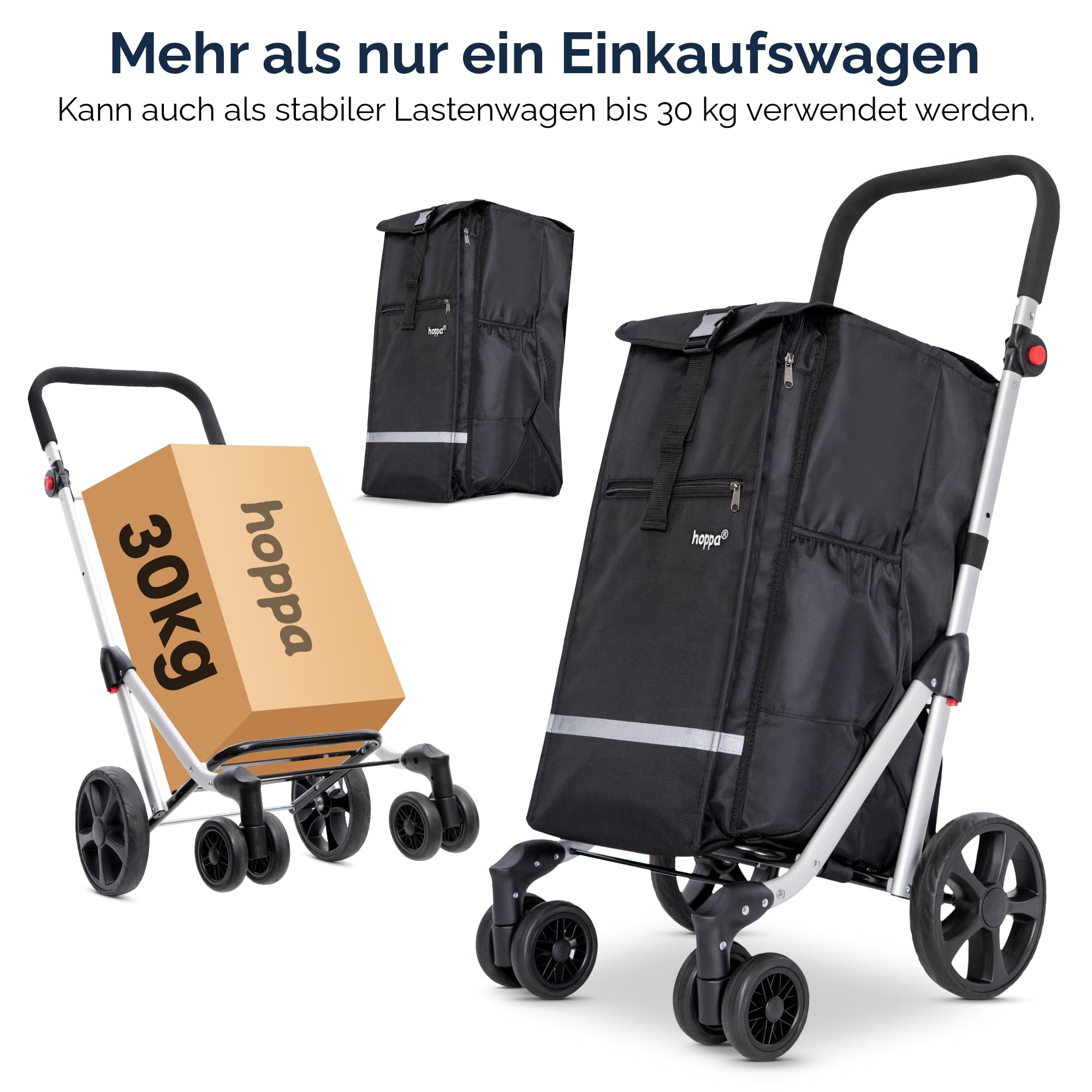 Hoppa 74L Klappbarer Einkaufstrolley, 6 Räder, Push/Pull | Große Kapazität, 6 Räder, 5 Taschen, Robust & Wasserdicht, Leicht, Klappbar, Für täglichen Gebrauch, Einkaufswagen