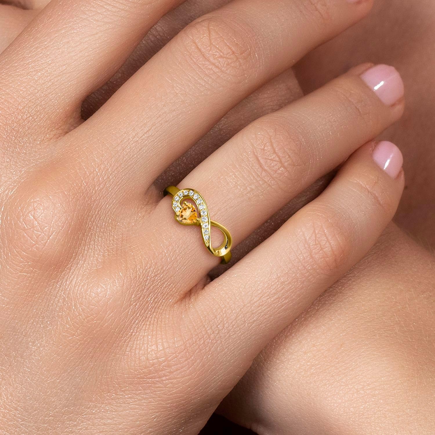 Gem Stone King 18K Yellow Gold Plated Silver Gemstone Birthstone Infinity Ring | Heart Shape 4MM | Wedding Engagement Anniversary Promise Ring For Women | Available in Size 5,6,7,8,9