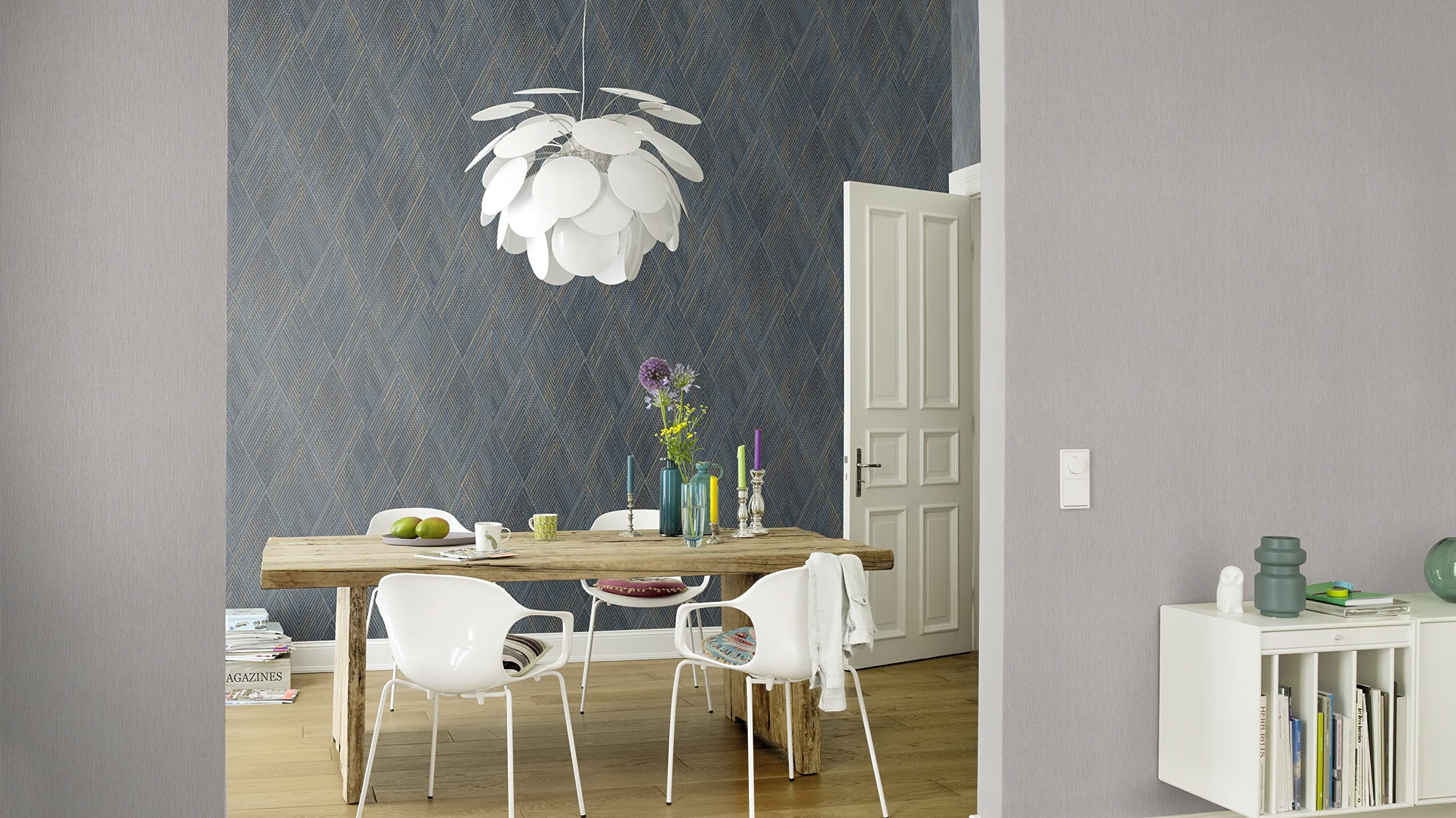 Rasch Papel pintado 844146 en azul y dorado con patrón geométrico de rombos de la colección Perfecto VI – 10,05 m x 0,53 m (largo x ancho)