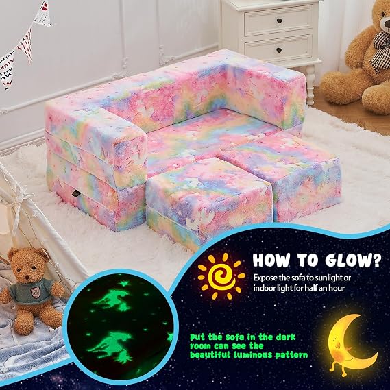 Kids Couch Sofa Modular Toddler Couch, Glow in The Dark Sofa 3 in 1 Fold Out Kids Sofa with Washable and Durable Covers for Boys, Rainbow Unicorn