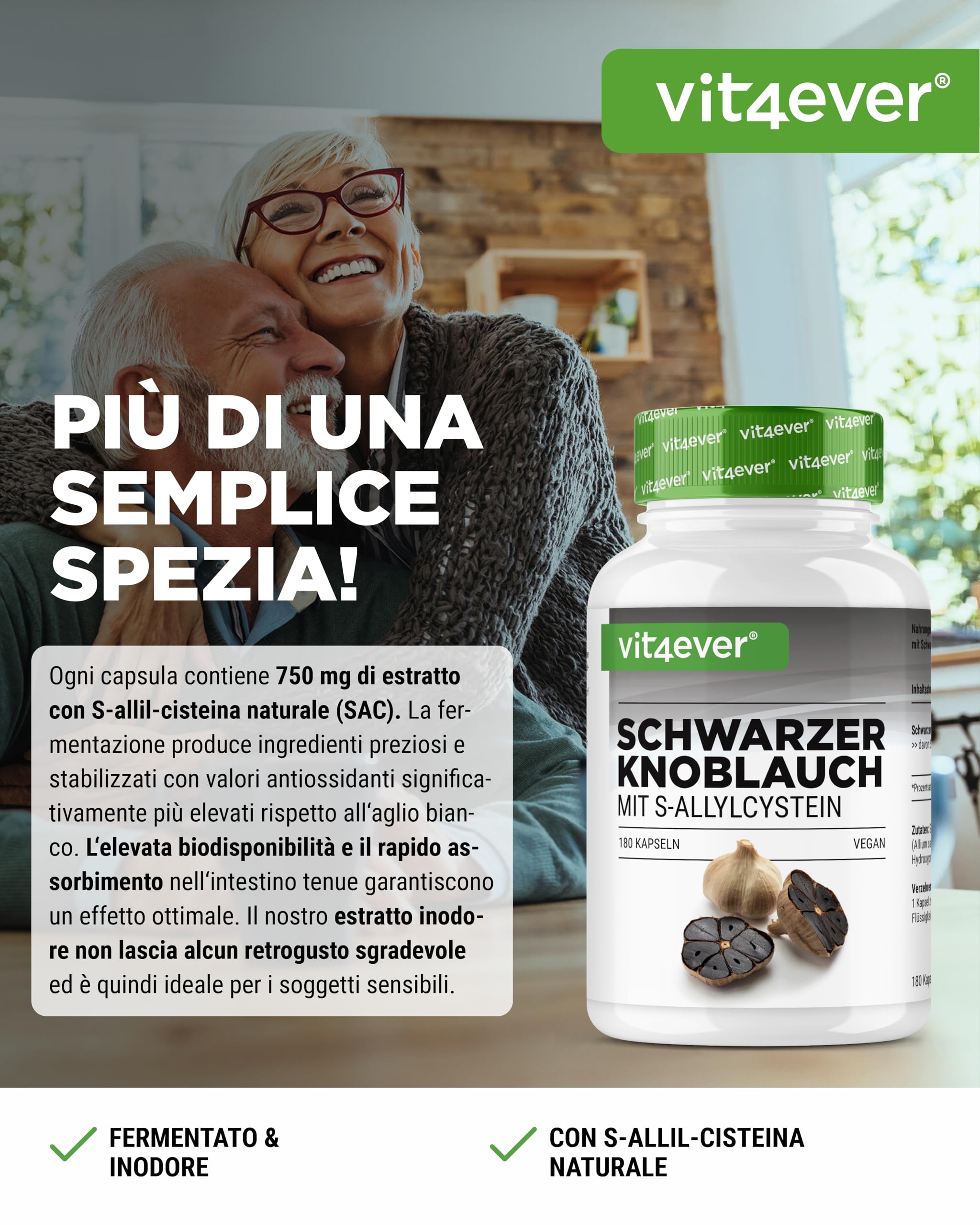 Aglio nero 15:1 Estratto - 180 Capsule da 750 mg - Premium: Con S-Allylcysteine (SAC) - Fermentato - Inodore - Testato in laboratorio - Altamente dosato - Vegan