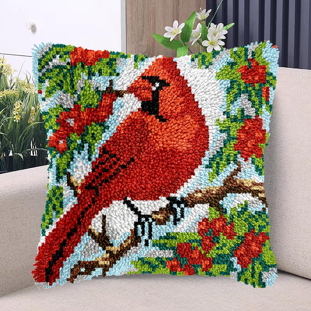 A Red Cardinal on Red Flower Tree Latch Hook Kits Pillow with Printed Canvas DIY Handmade Cushion Crochet Yarn Embroidery Hook and Latch Kit Pillowcase Christmas Decoration 43x43cm