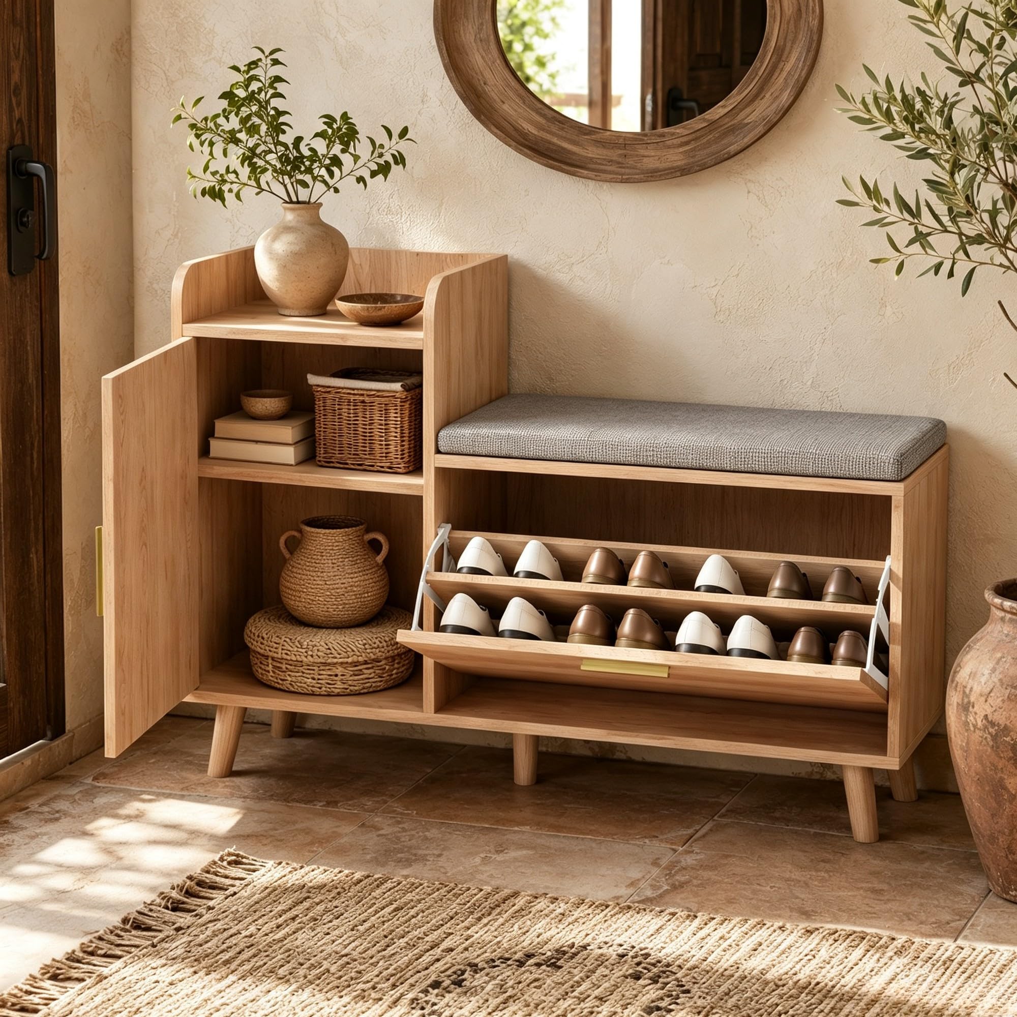 Panca Scarpiera con Contenitore, Scarpiera con seduta e 2 ante, Mobile Scarpieras Salvaspazio in Legno e Tessuto Effetto Lino per ingresso, corridoio, soggiorno, 100x30x69,5cm