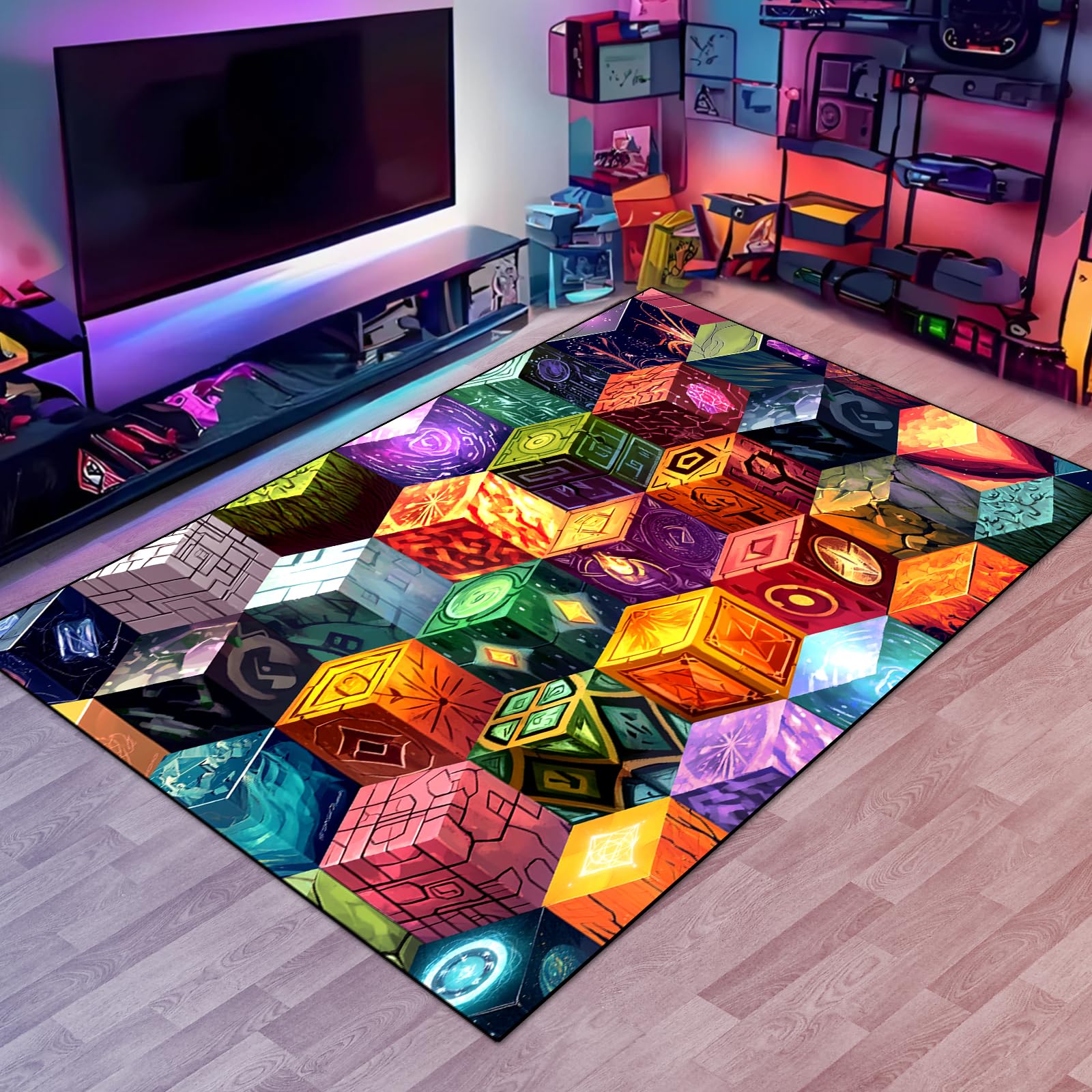Cube Block Game Rug, Teen Boys Carpet with Magic Games Element Decoration Mat, Pixel Game Rug for Boy’s Bedroom Bathroom Doormat Living Room Playroom,