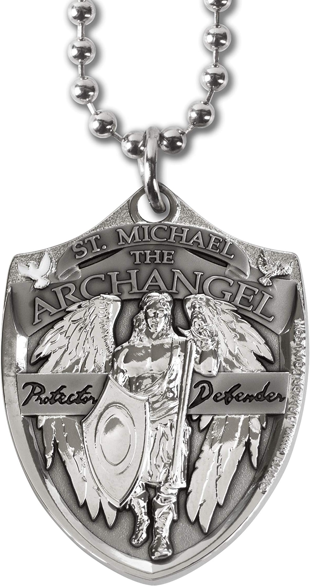 Saint Michael Protector Defender Dog Tag Pendant with Thick Ball Chain - Military Style Necklace