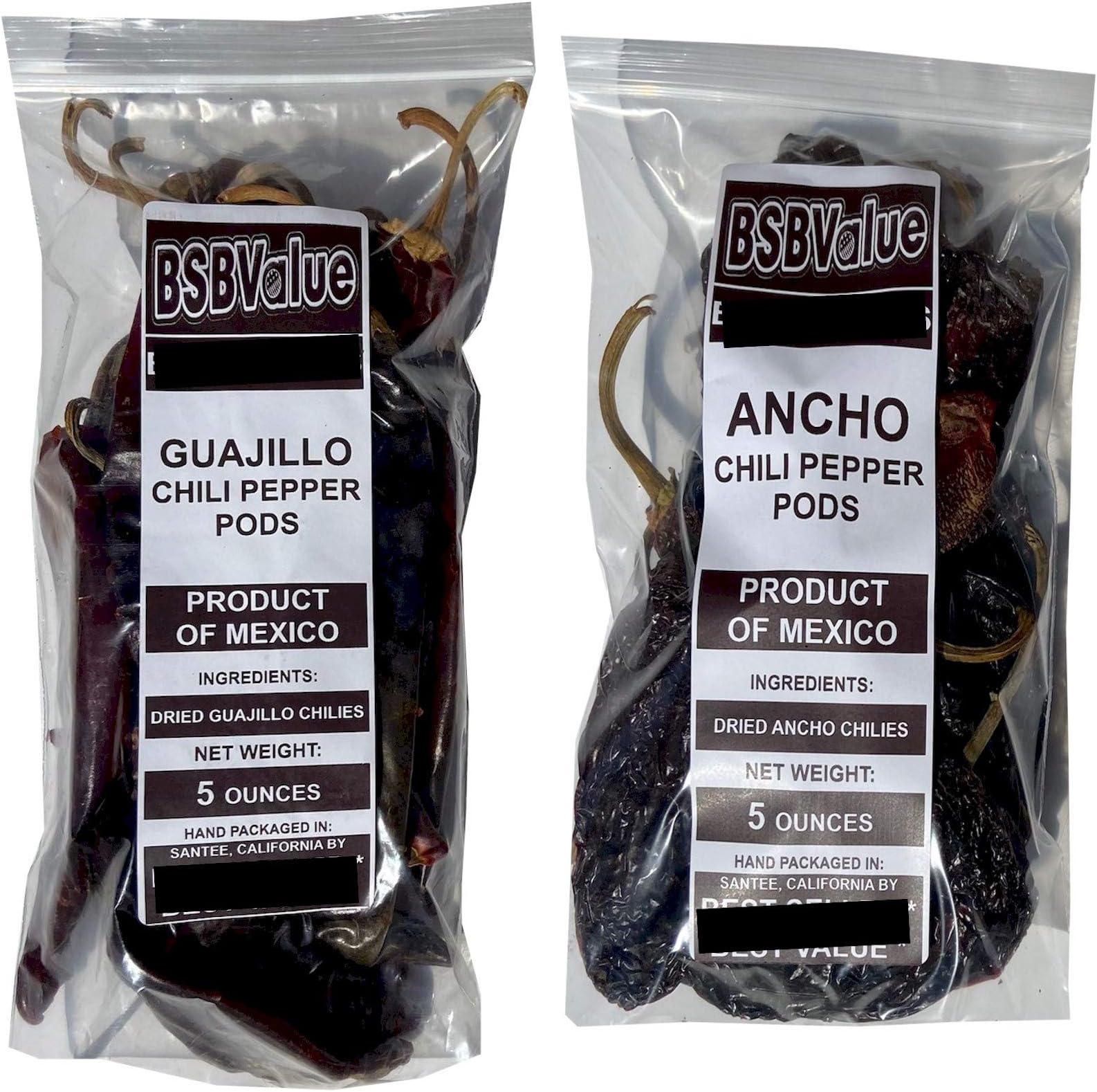 10 Oz ANCHO plus GUAJILLO Dried Chile Peppers - 5 Oz of Each - BSBValue BEST SPICES - Chili Pods For Mexican Recipes