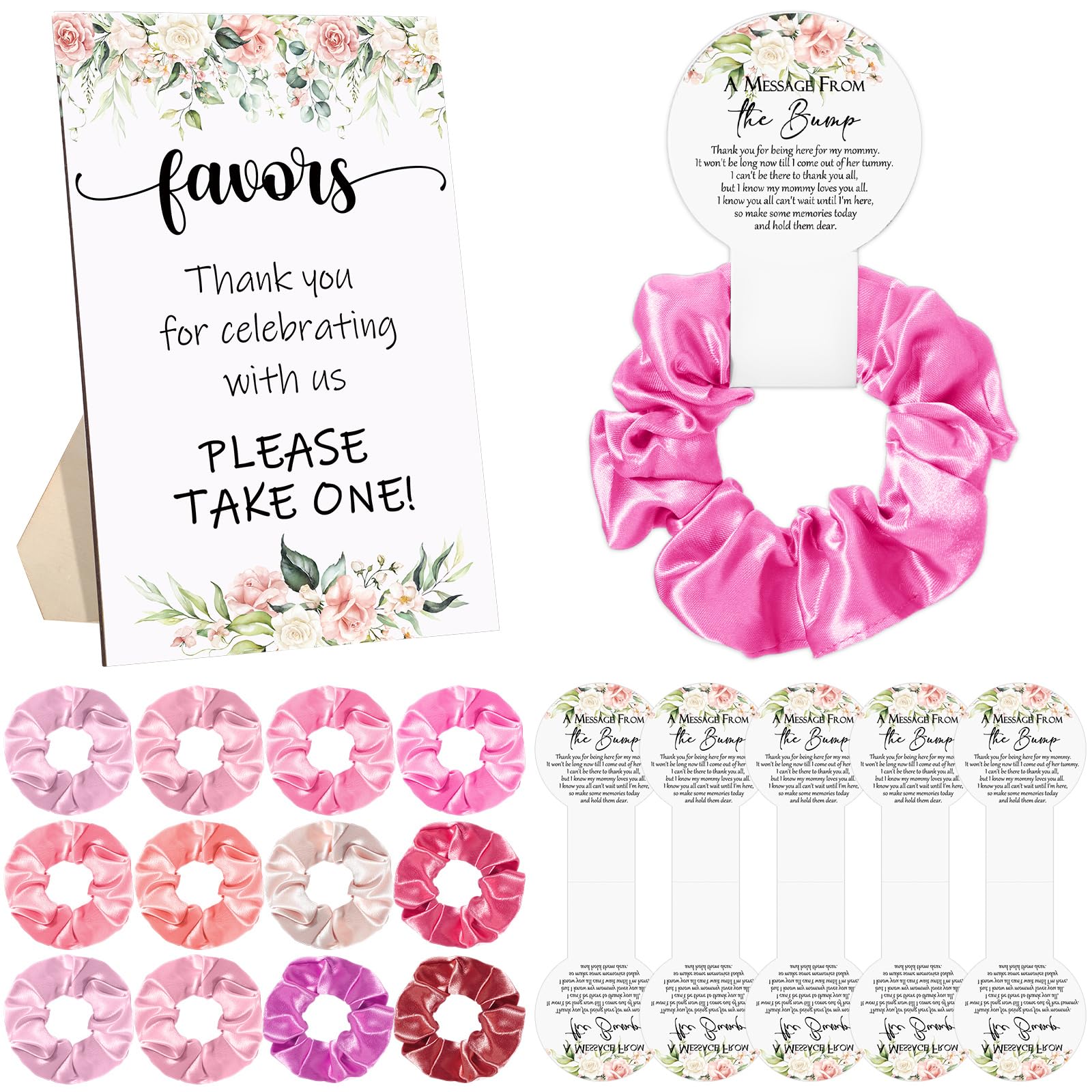 Yinkin 50 Sets Baby Shower Favors 1 Floral Theme Wooden Baby Shower Sign 50 Pink Hair Scrunchies Hair Ties with a Message from the Bump Cards Gender Reveal Gift Celebrating Supplies