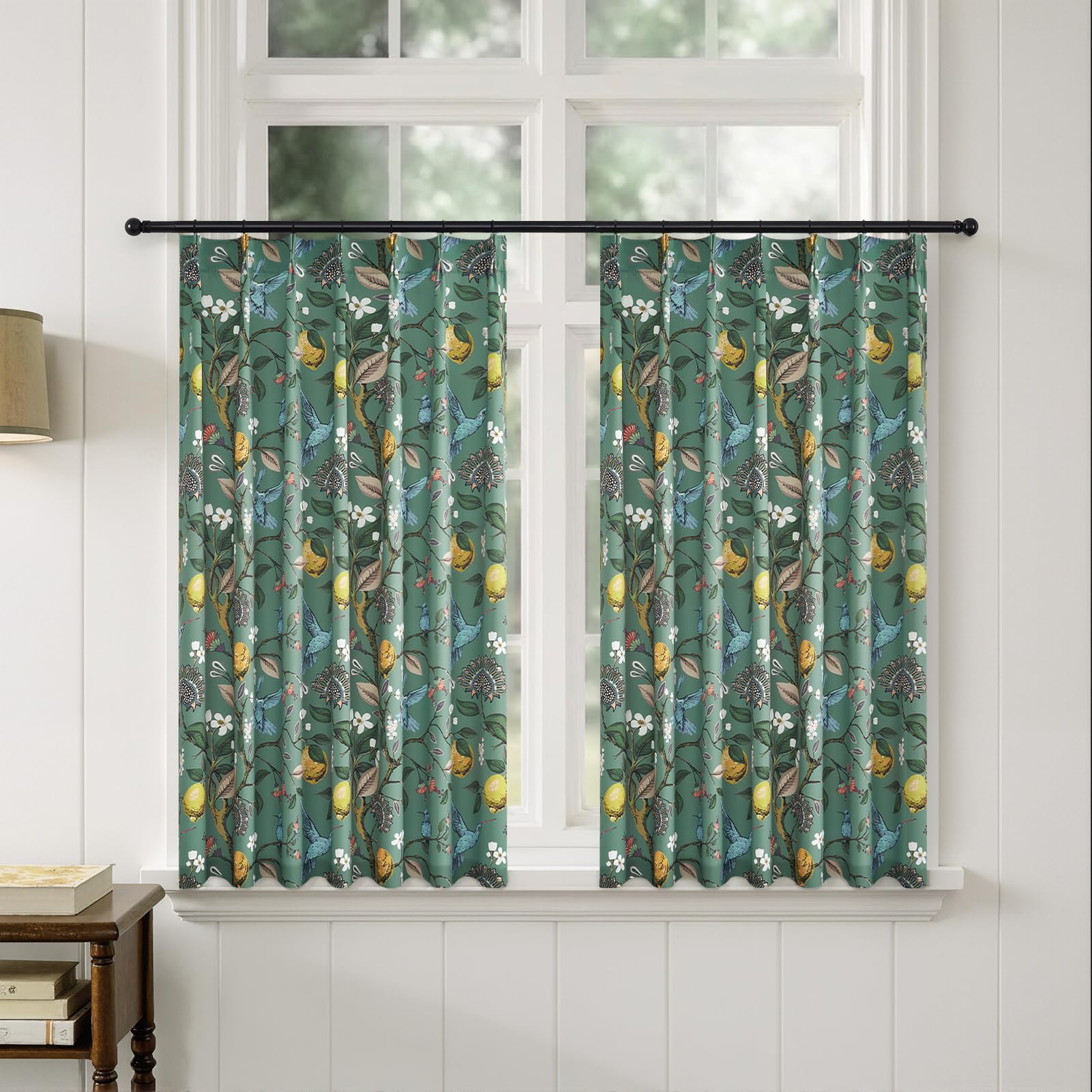 Sage Green Kitchen Tier Curtains 36 Inches Long,Botanical Floral Lemon &amp; Hummingbird Pinch Pleated Half Window Drapes Room Darkening for Kitchen RV Cafe Basement Bathroom Dining Room,2 Panels