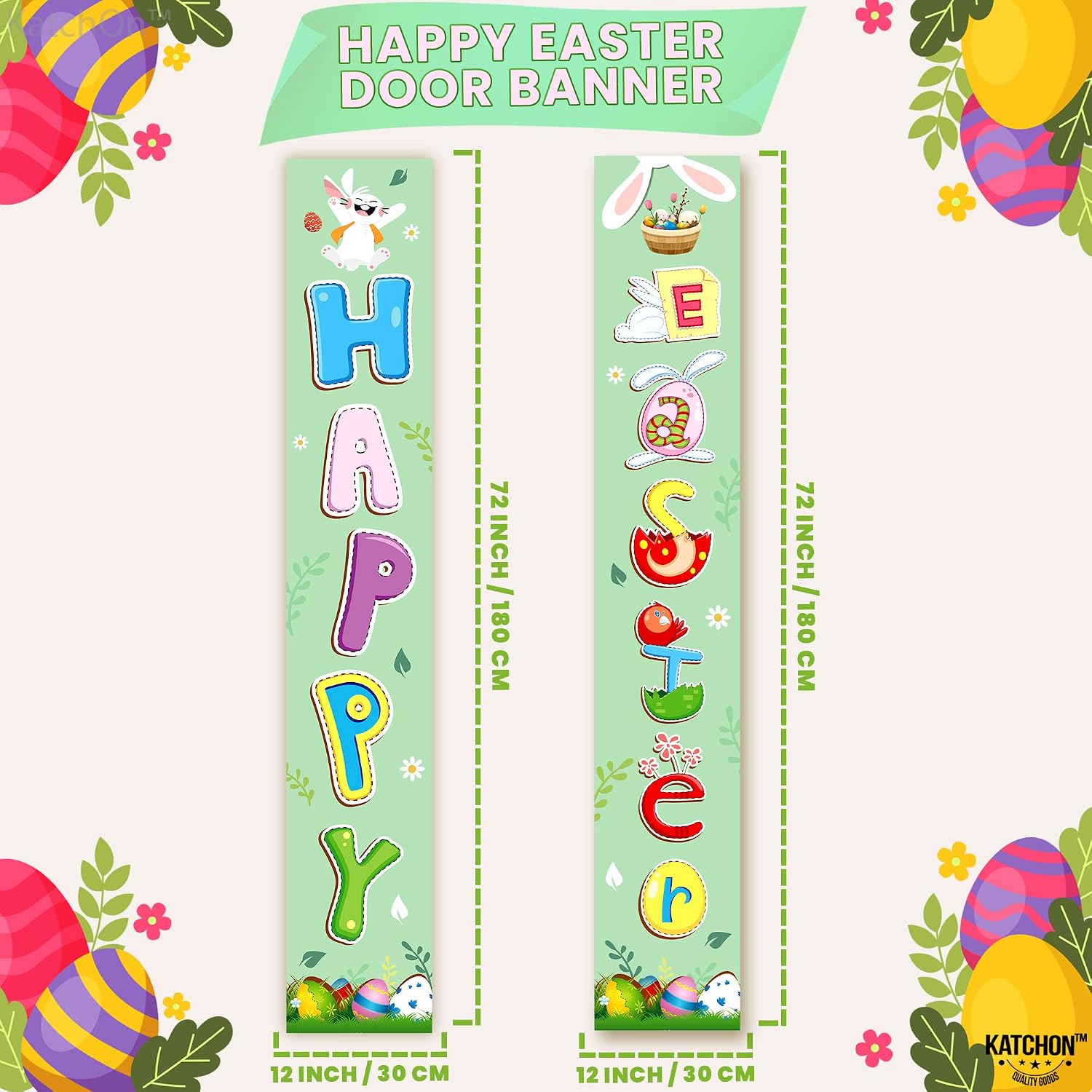 KatchOn, Large Welcome Happy Easter Banner - 2 Pieces, 72x12Inch | Happy Easter Porch Sign | Easter Banners for Front Door | Easter Door Banner, Easter Door Decorations | Easter Porch Decorations
