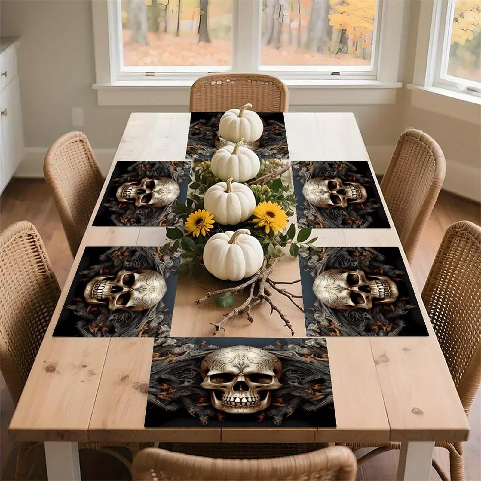 Skulls Placemats Non-Slip Heat Resistant Table Mats Flax Washable Cloth Place Mats Easy to Clean Premium Placemat for Kitchen Dining Table Decor Party Outdoor