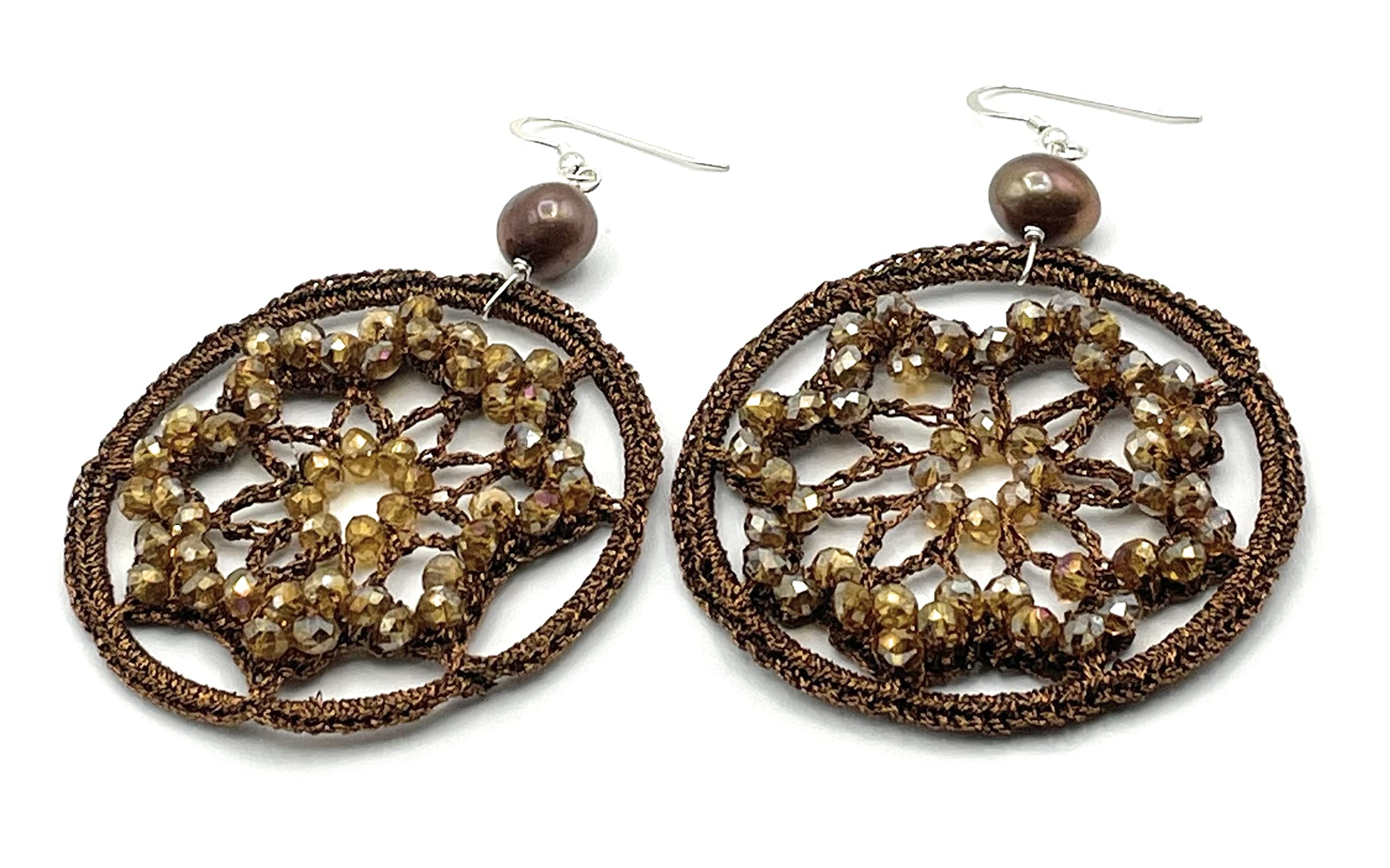 Orecchini Grandi Fiori all'Uncinetto e Perle Marroni, Pendenti in Argento 925, Gioielli Artigianali, Bijoux