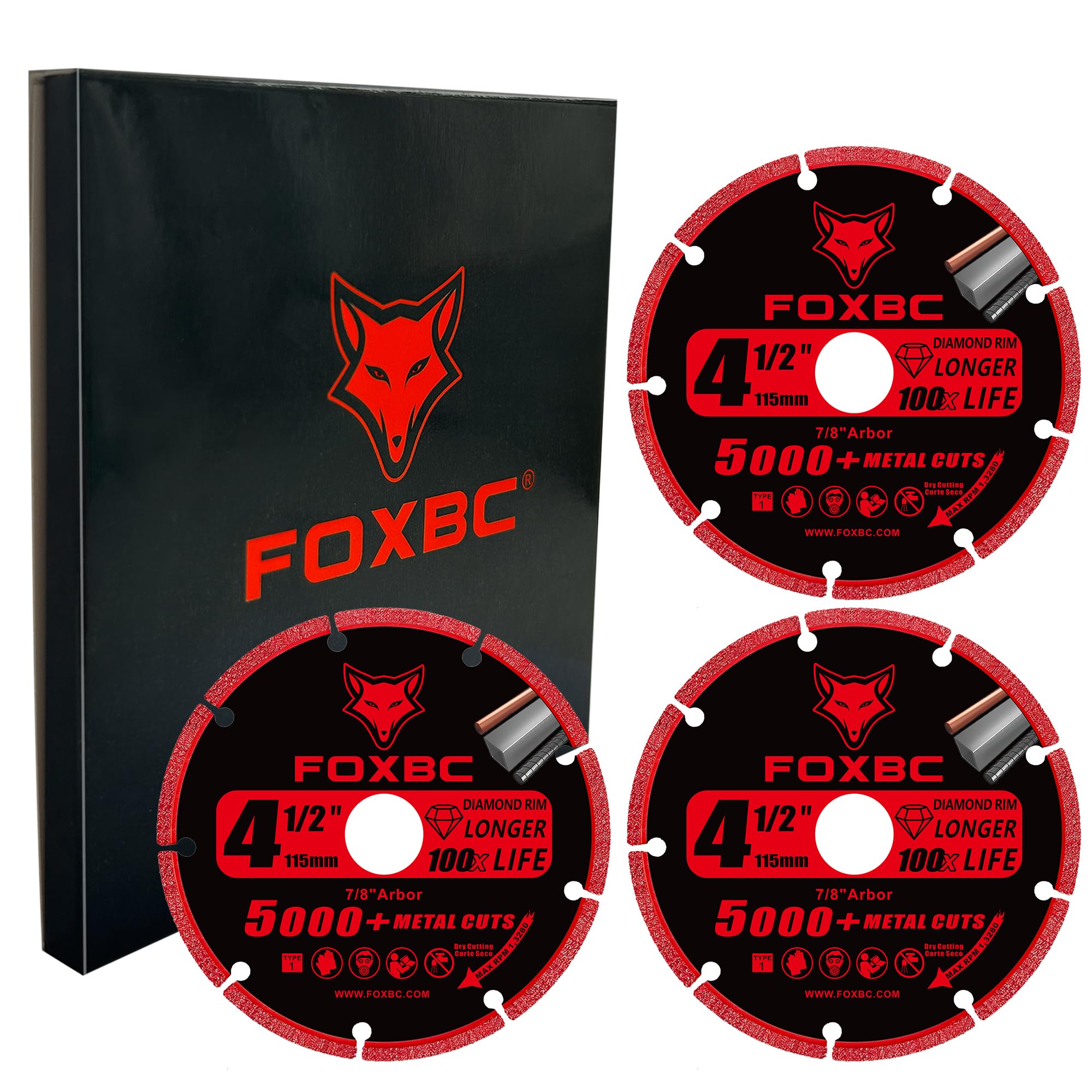 FOXBC Rueda de corte de diamante de 4 1/2 pulgadas para amoladora angular, más de 5000 cortes en barra de refuerzo, acero inoxidable, hierro angular, eje de 7/8 pulgadas