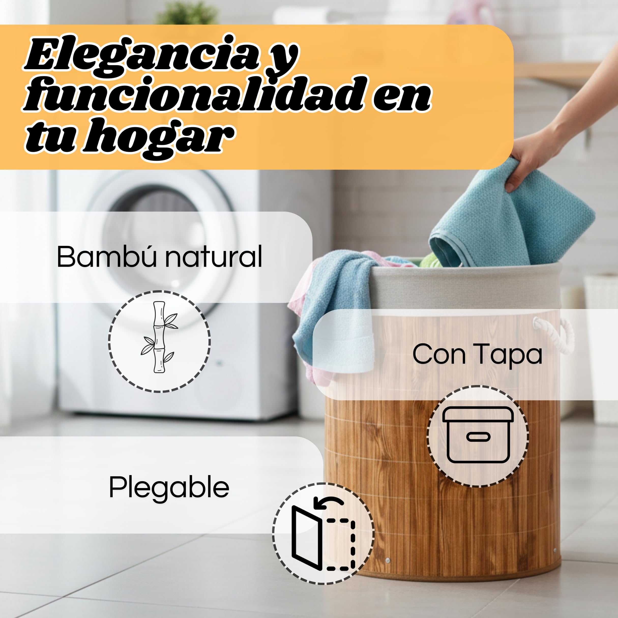 Weida Cesto de la Ropa Sucia de Bambú | Rectangular con Tapa y Asas Plegable | Bolsa Extraíble y Lavable |Moderno, para baño o Dormitorio | Marrón Madera (50cm-35cm Redondo) - 2