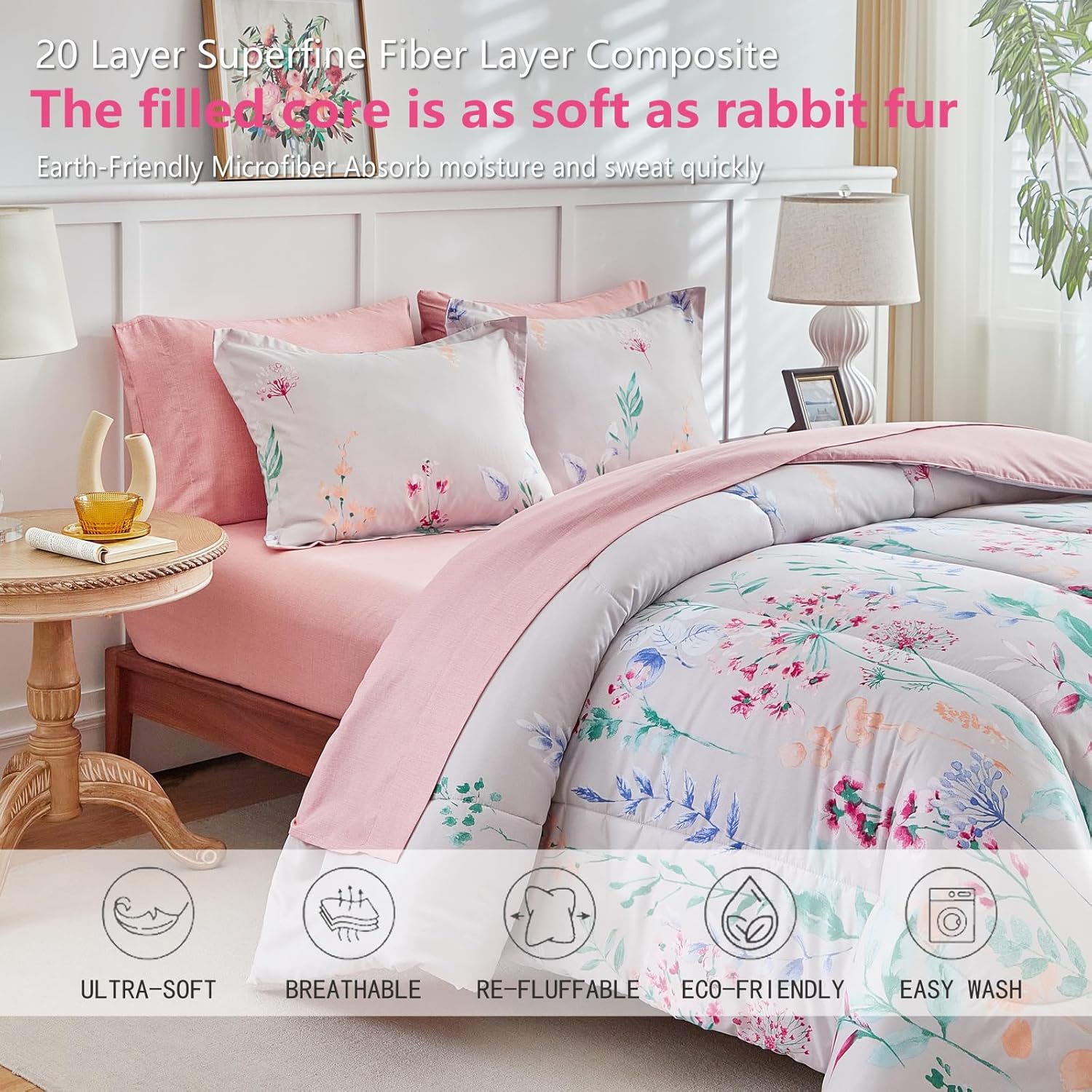 AIKASY 6-Piece Comforter Set Bed in a Bag, Twin Size, Floral Watercolor Pattern - Bedding Set with Comforter, Pillow Shams, Fitted Sheet, and Pillowcases - Soft and Cozy All-Season (Pink Floral)