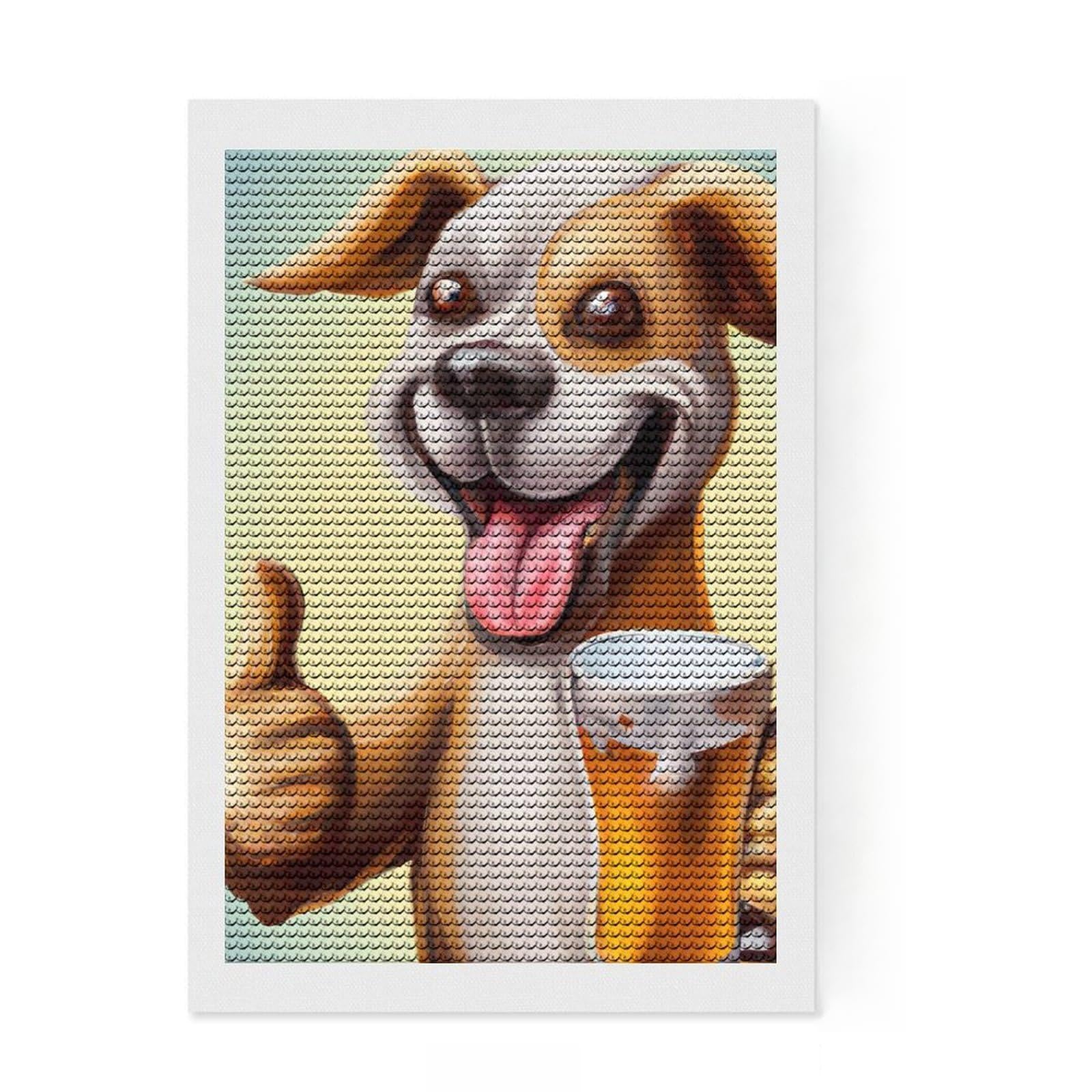 Junmoney Funny Dog with Beer Round Drill Diamond Painting 8"x12", Decorate Your Room, Sparkling Round Gems, Adhesive Canvas, Bedroom Decor