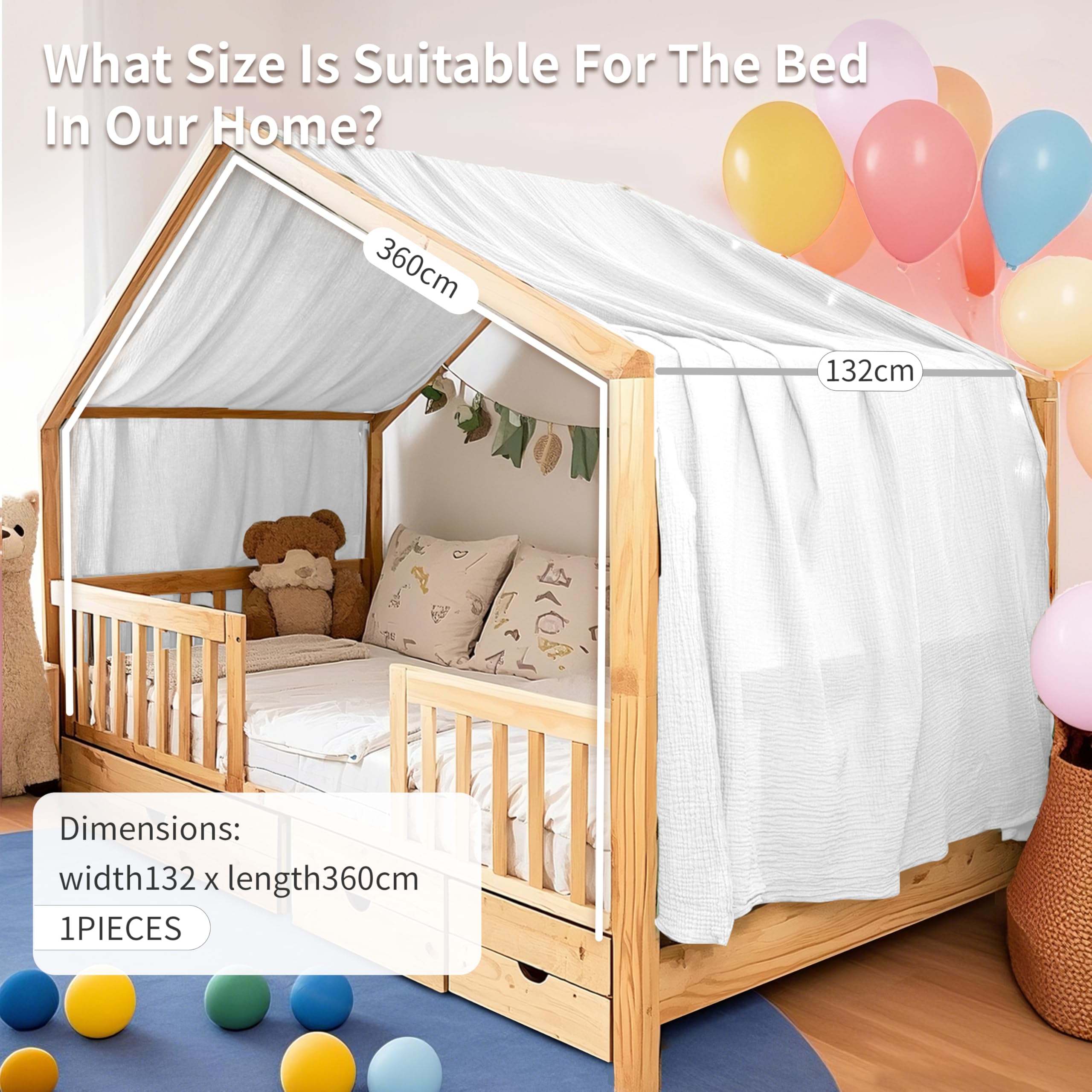Handgefertigte Bettdecke für den Innenbereich, 100% Baumwolle, Musselin, Bettüberwurf für Zuhause, Bettdekoration, geeignet für Mädchen, Jungen (132 x 360 cm Weiß)